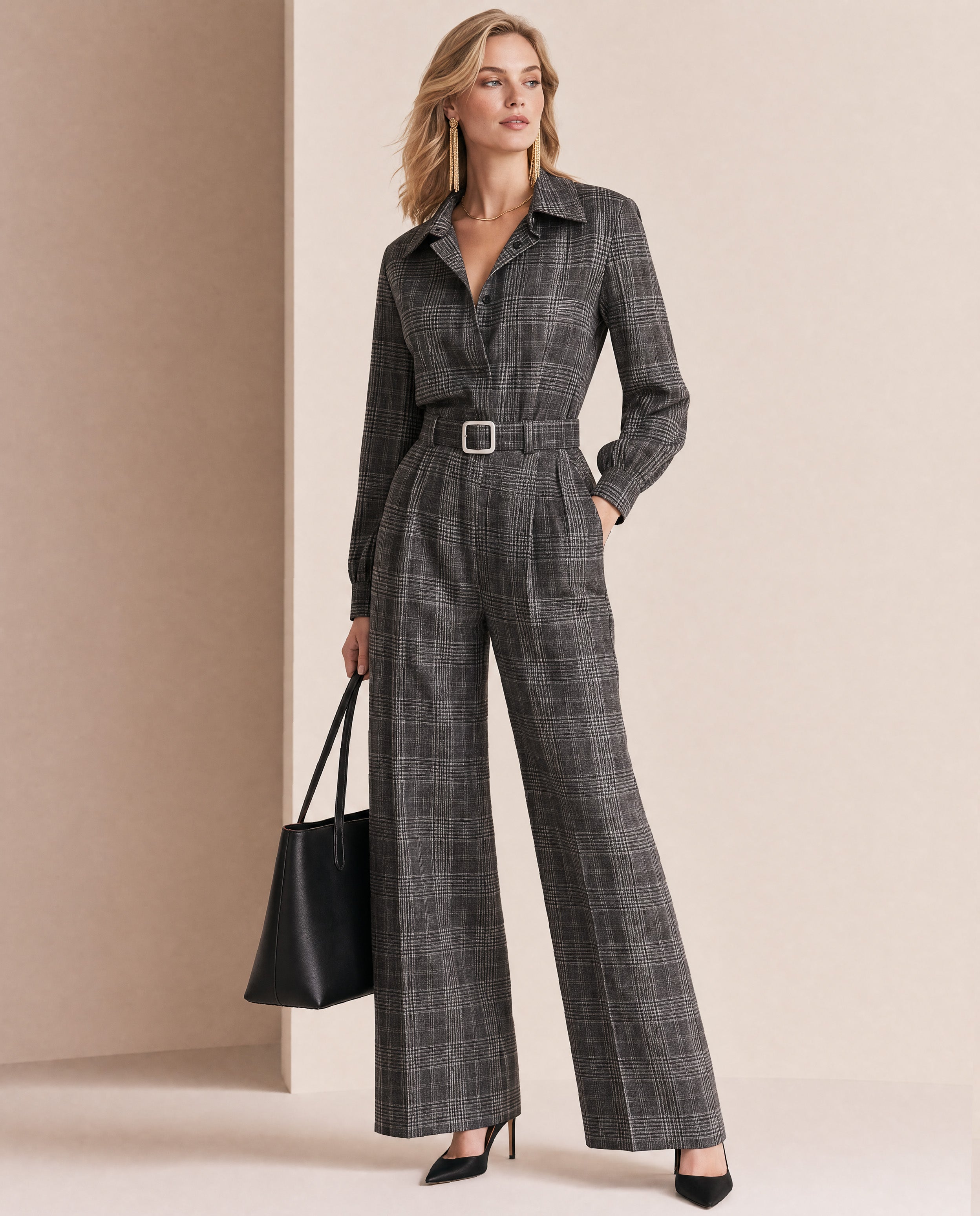 French Commute Charcoal Plaid Collar Draped Wide-Leg Jumpsuit