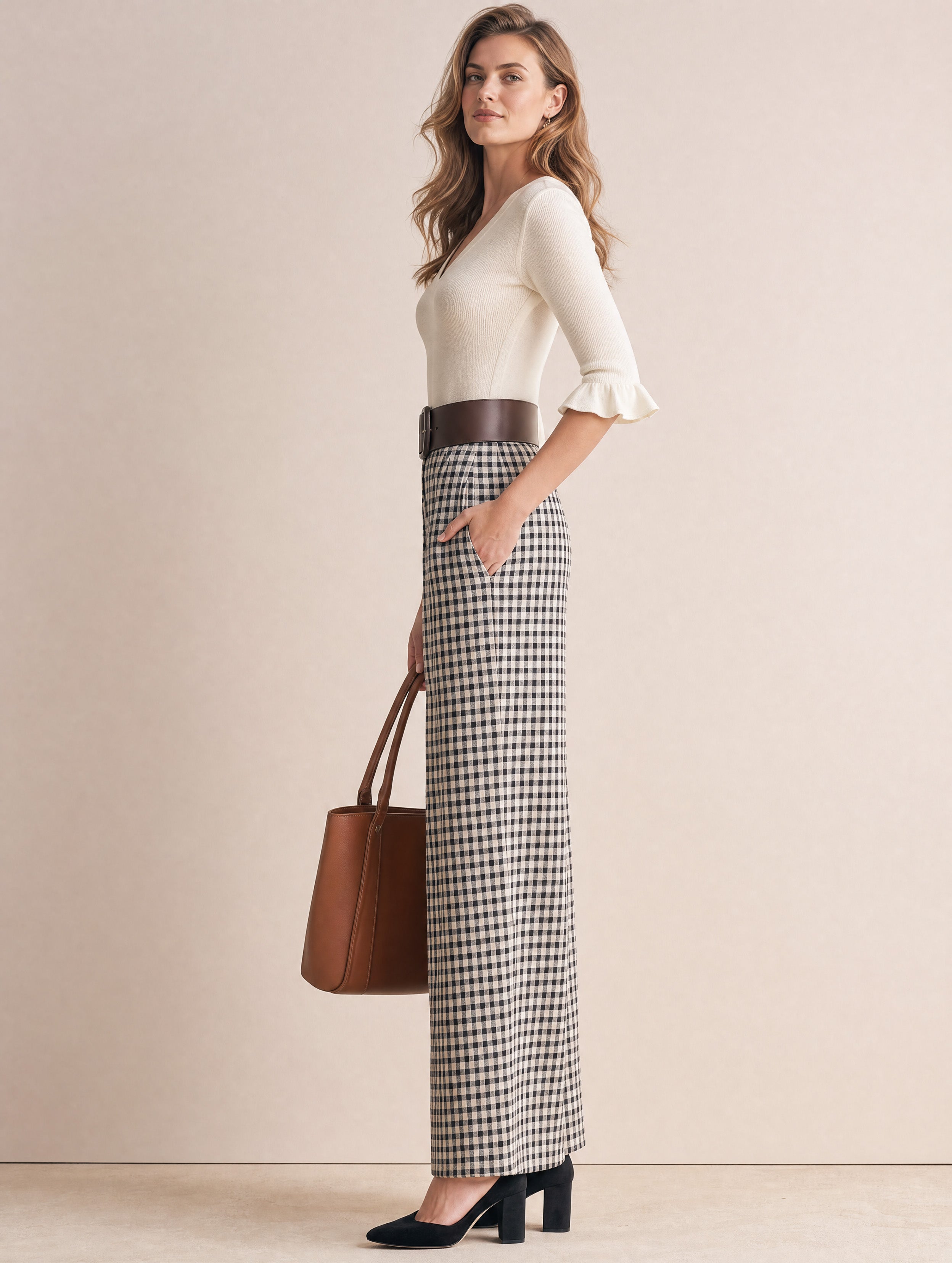 French Relaxed Cream Ruffle-Cuff Check High-Waist Trouser Set