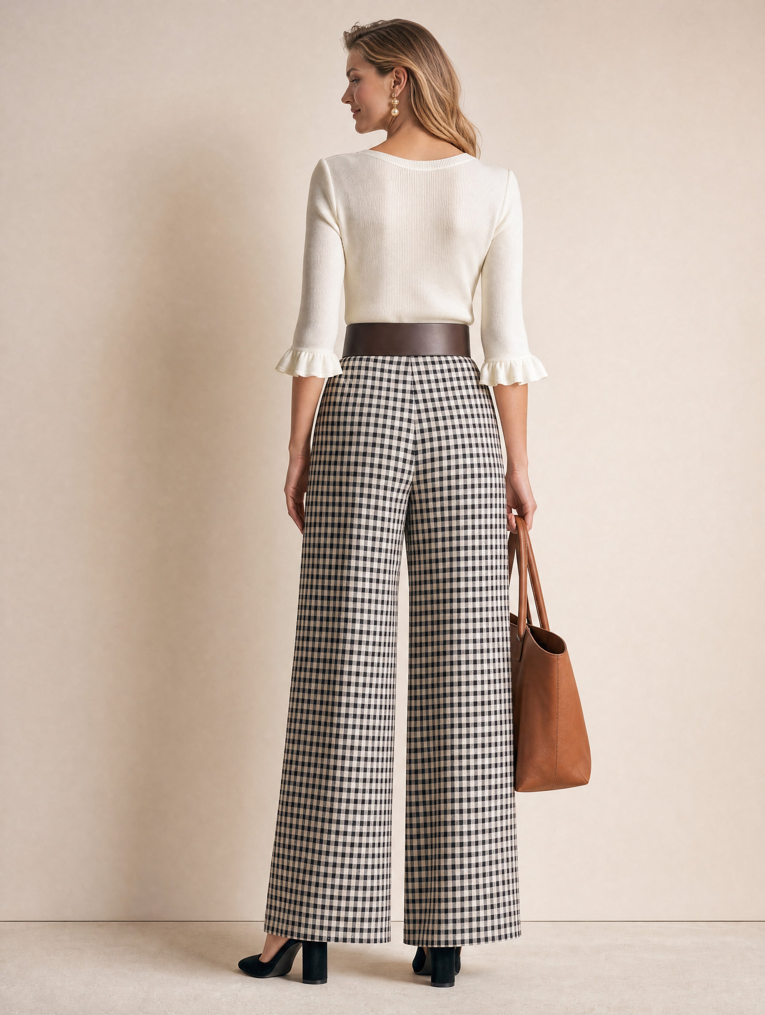 French Relaxed Cream Ruffle-Cuff Check High-Waist Trouser Set
