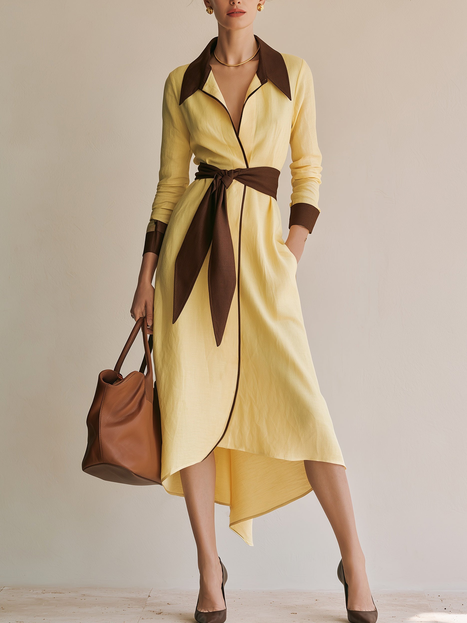 Linen Creamy Yellow Brown Contrast Shirt Dress