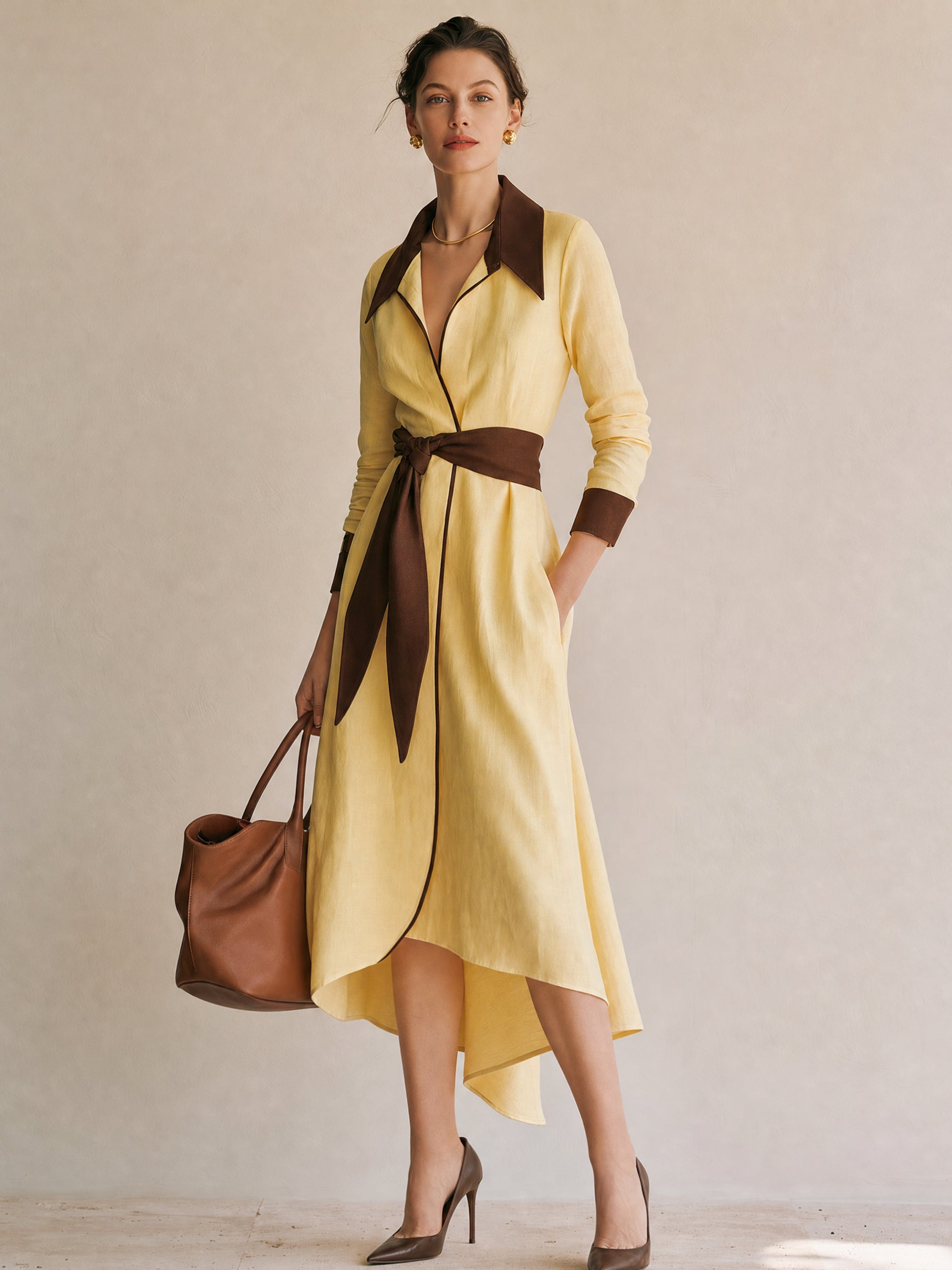 Linen Creamy Yellow Brown Contrast Shirt Dress
