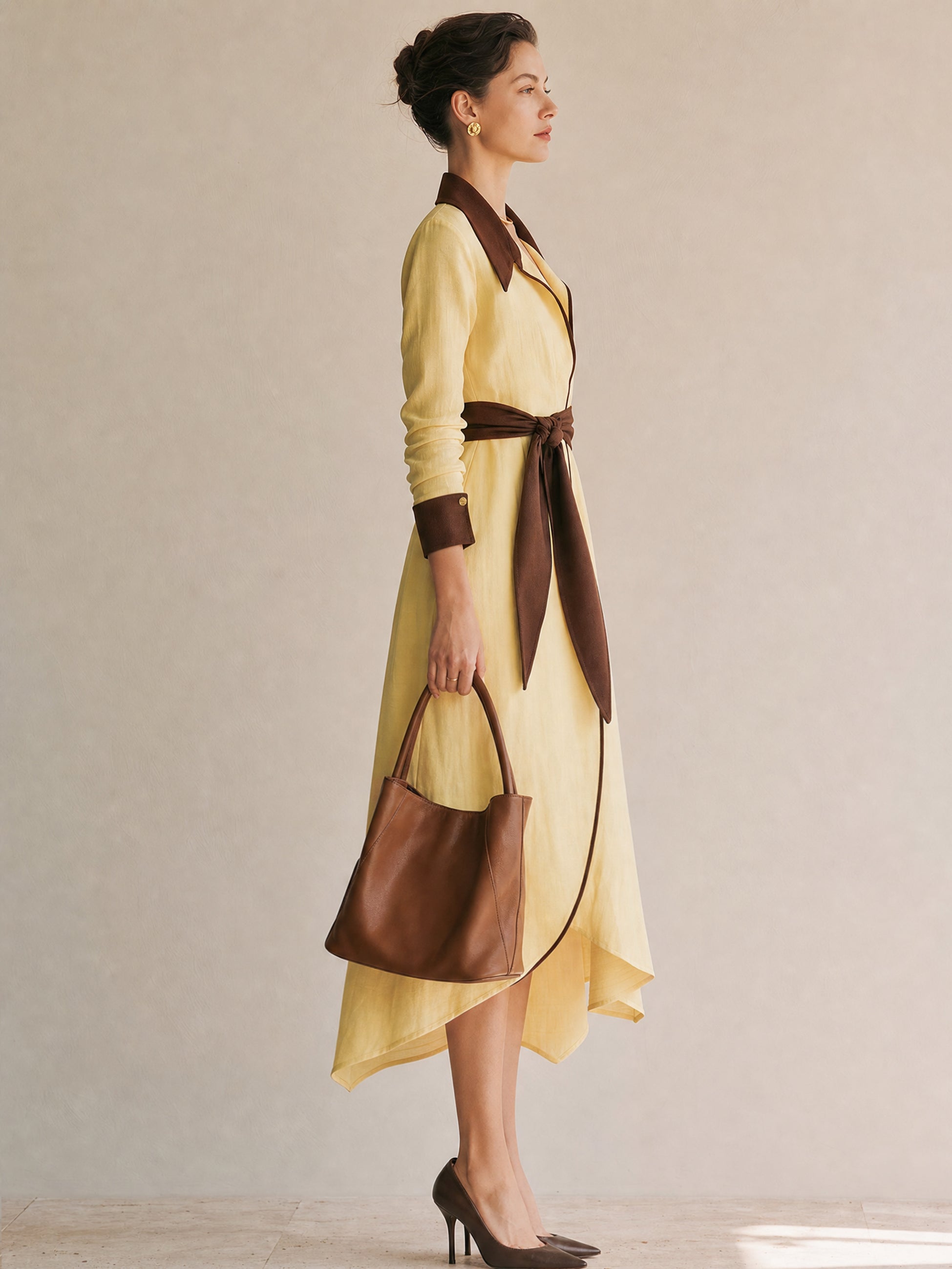 Linen Creamy Yellow Brown Contrast Shirt Dress