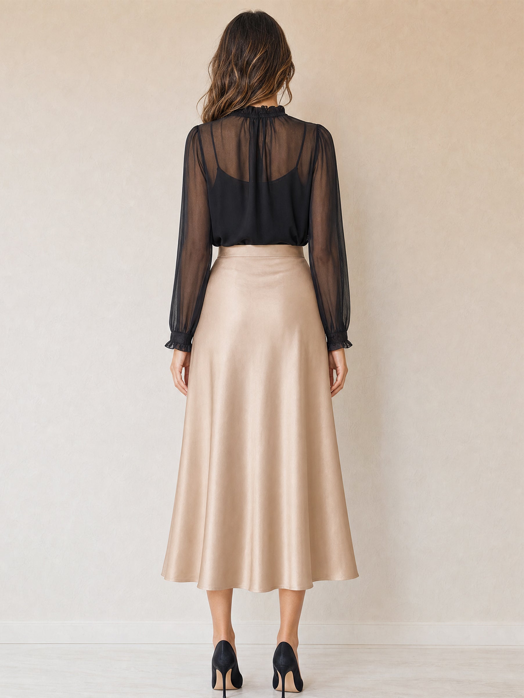 Elegant Sheer Ruffled Blouse & High-Rise Satin Midi Skirt Work Set