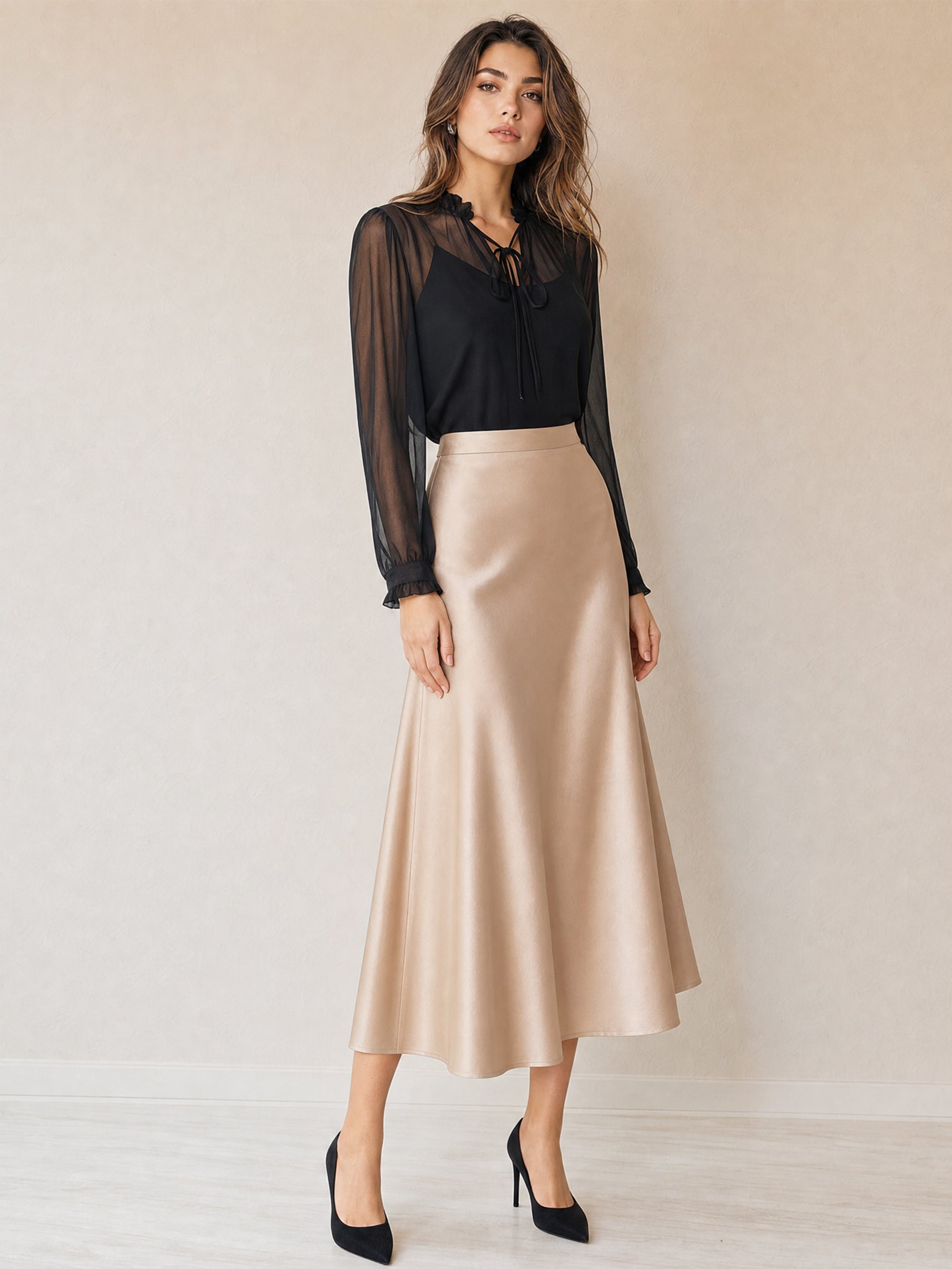 Elegant Sheer Ruffled Blouse & High-Rise Satin Midi Skirt Work Set
