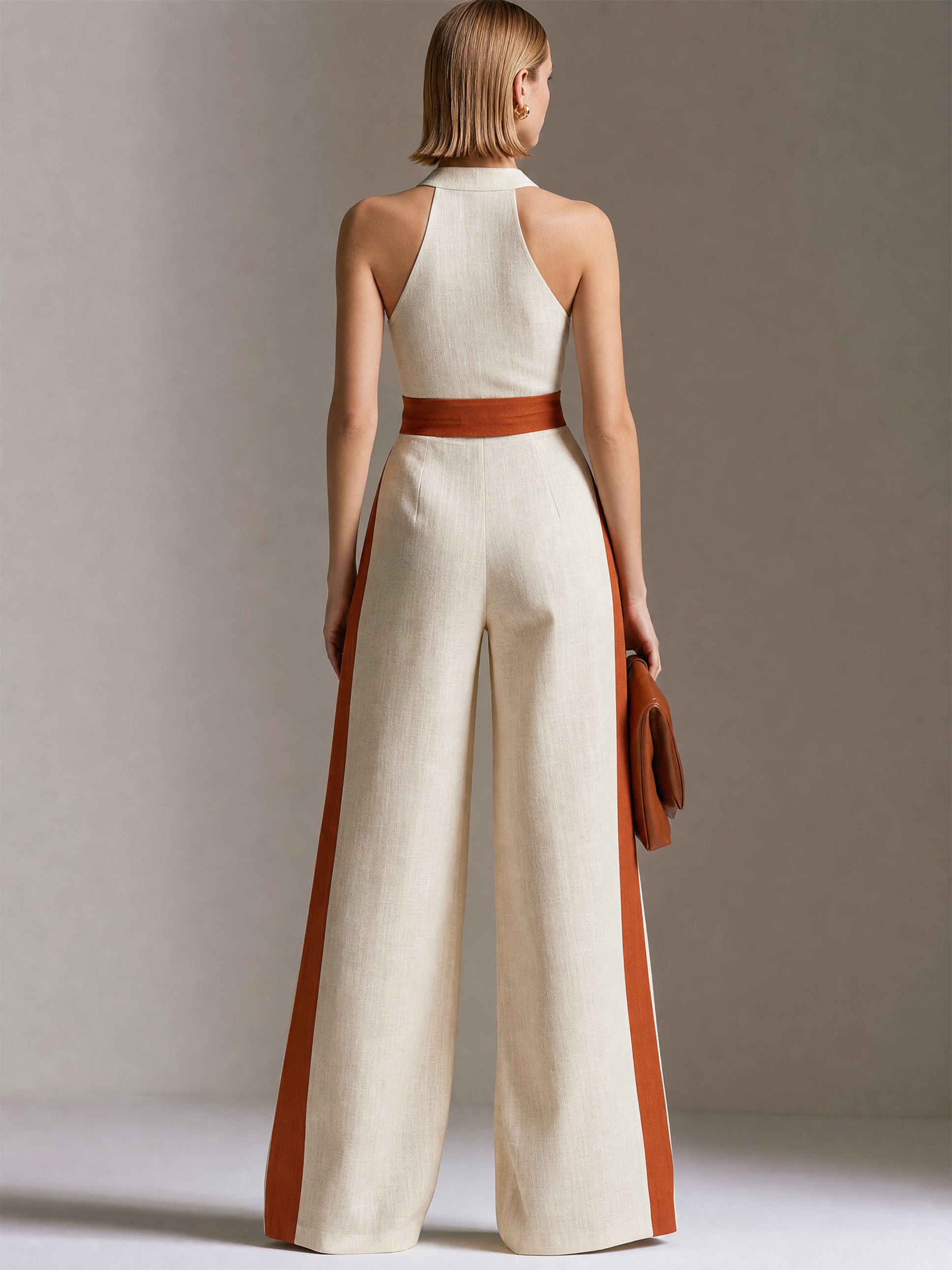 Linen Halter Neck Wide Leg Jumpsuit With Contrast Paneling