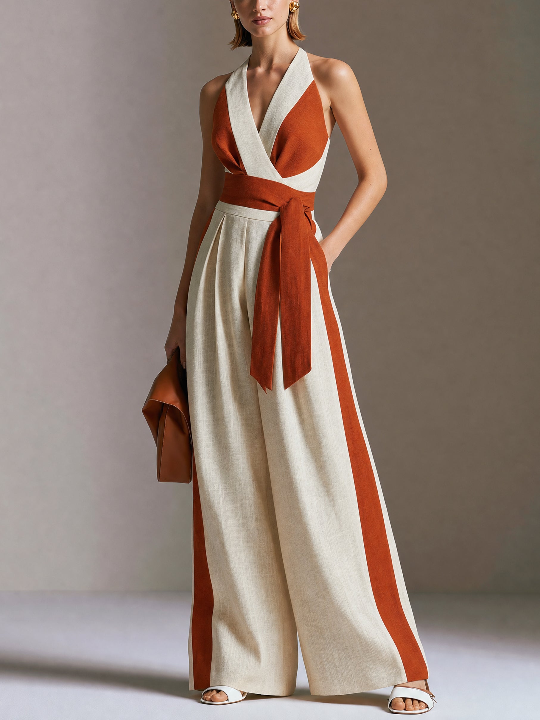 Linen Halter Neck Wide Leg Jumpsuit With Contrast Paneling