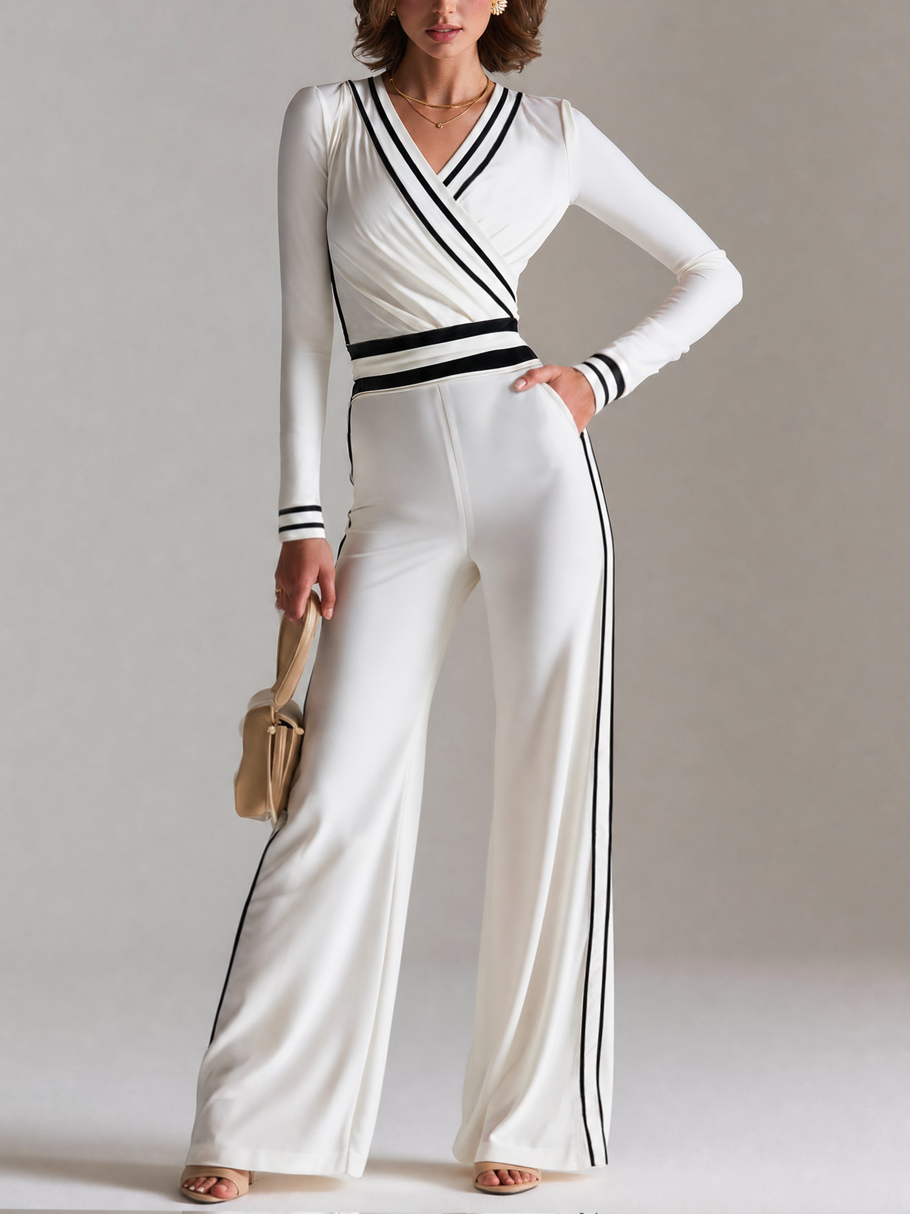 Soft Stretch Ivory & Black V-Neck Long Sleeve Jumpsuit
