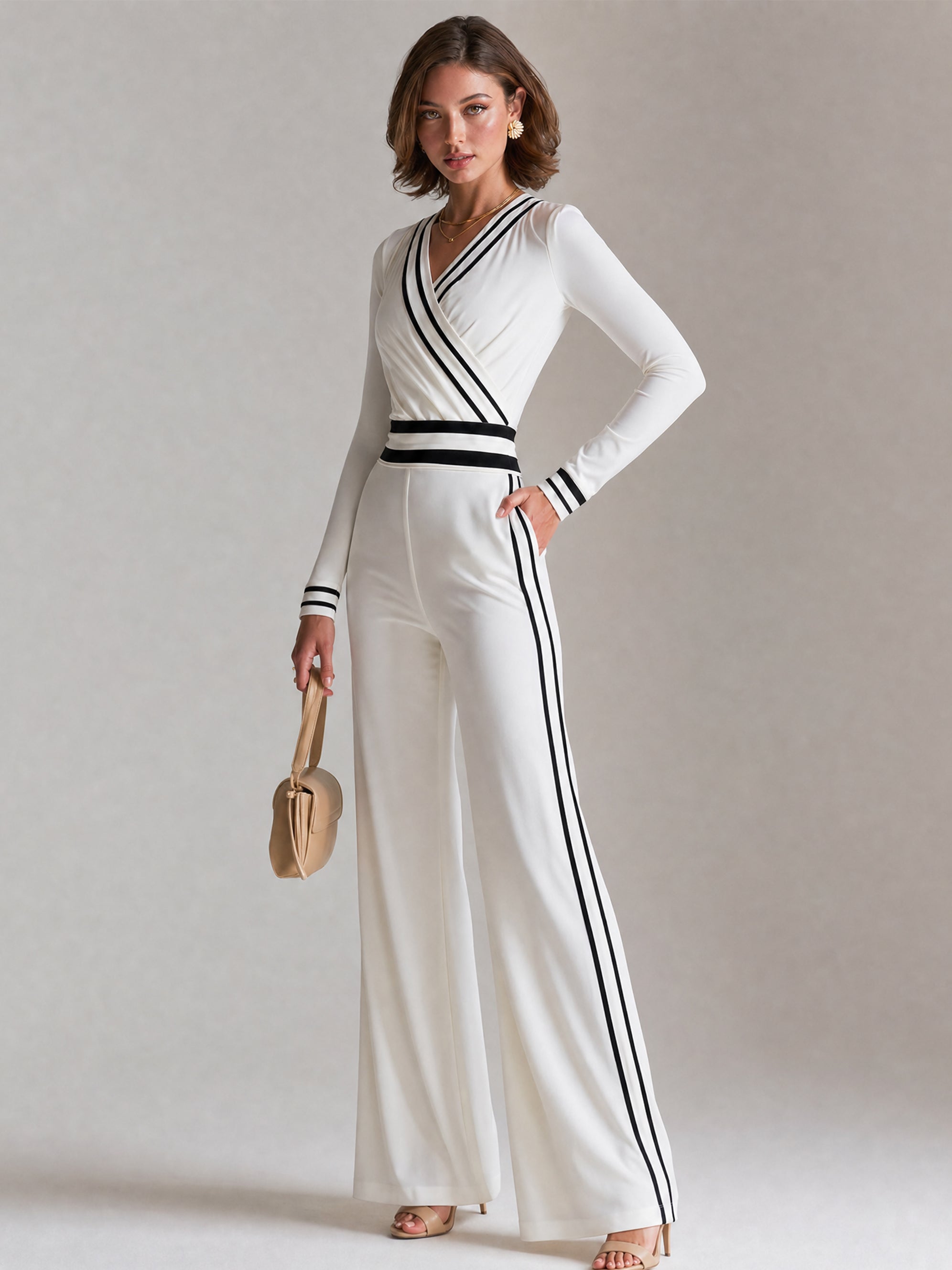 Soft Stretch Ivory & Black V-Neck Long Sleeve Jumpsuit