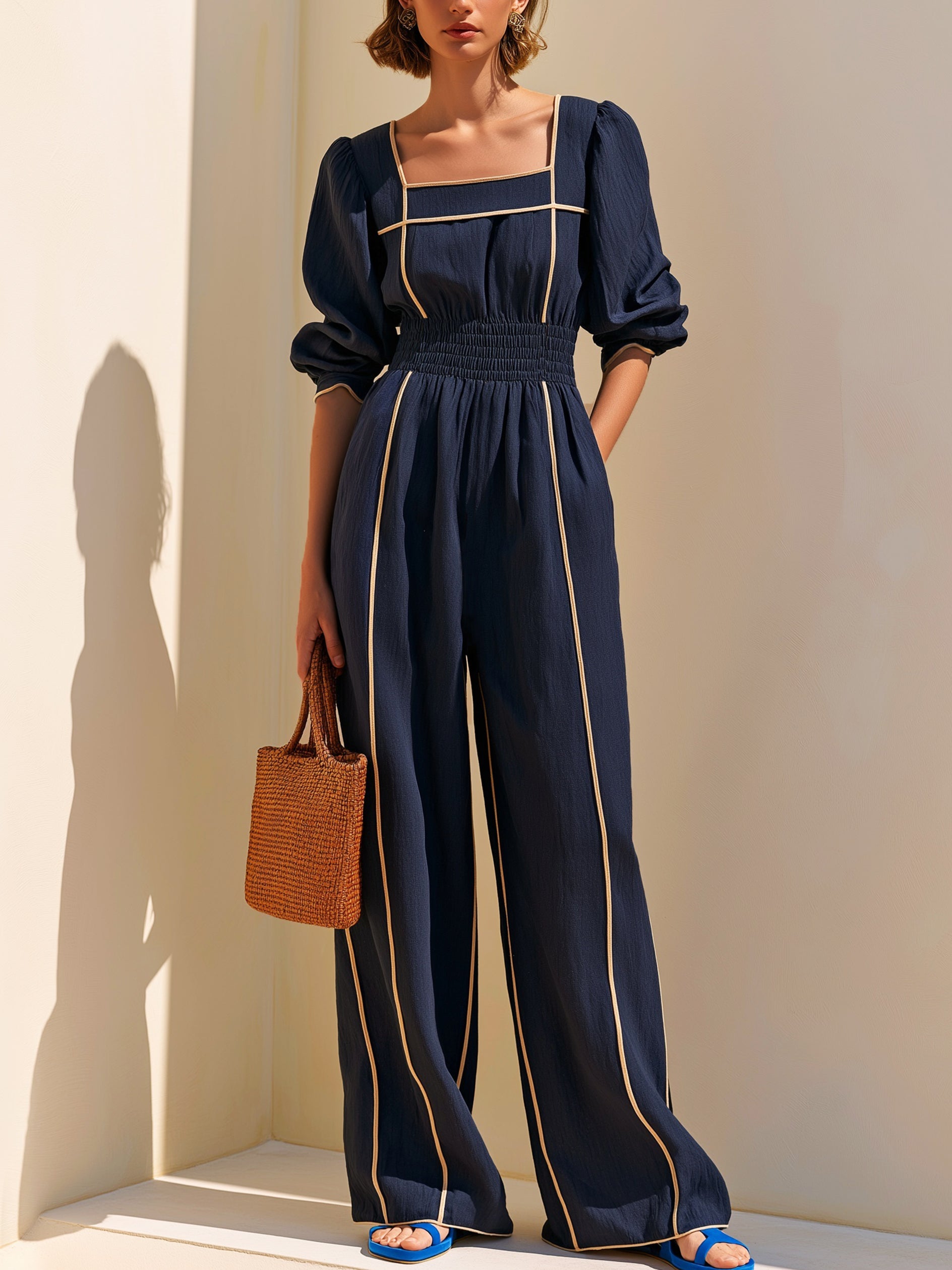 Elegant Square Neck Contrast Jumpsuit