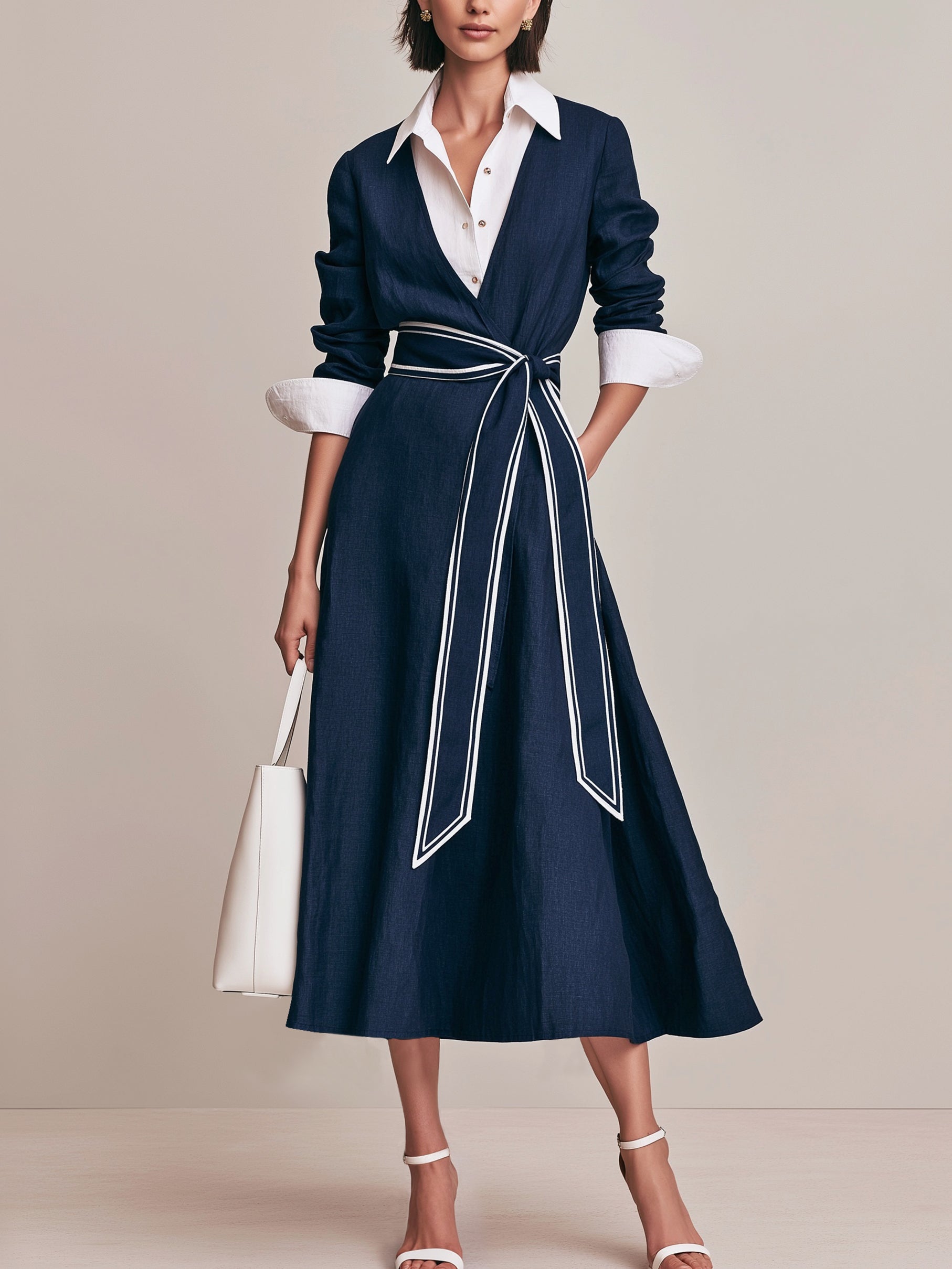 Elegant Navy Contrast Piped Shirt Midi Dress