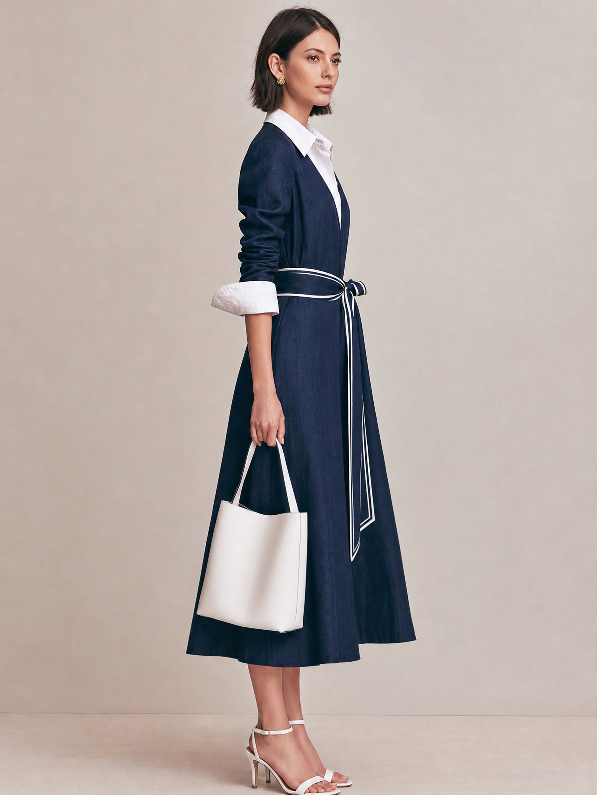 Elegant Navy Contrast Piped Shirt Midi Dress