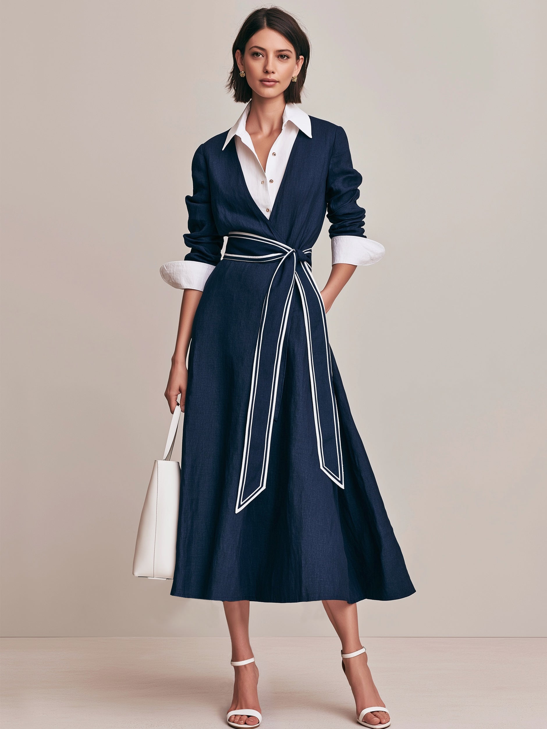 Elegant Navy Contrast Piped Shirt Midi Dress