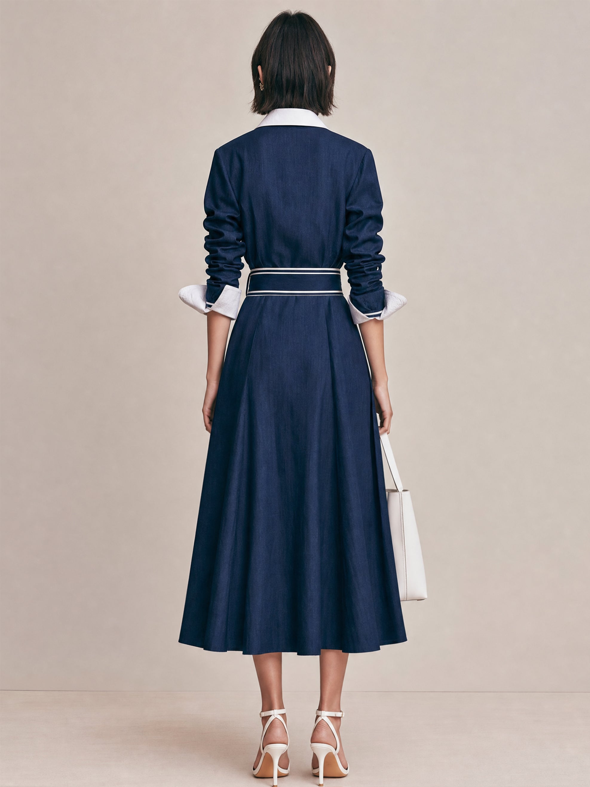 Elegant Navy Contrast Piped Shirt Midi Dress