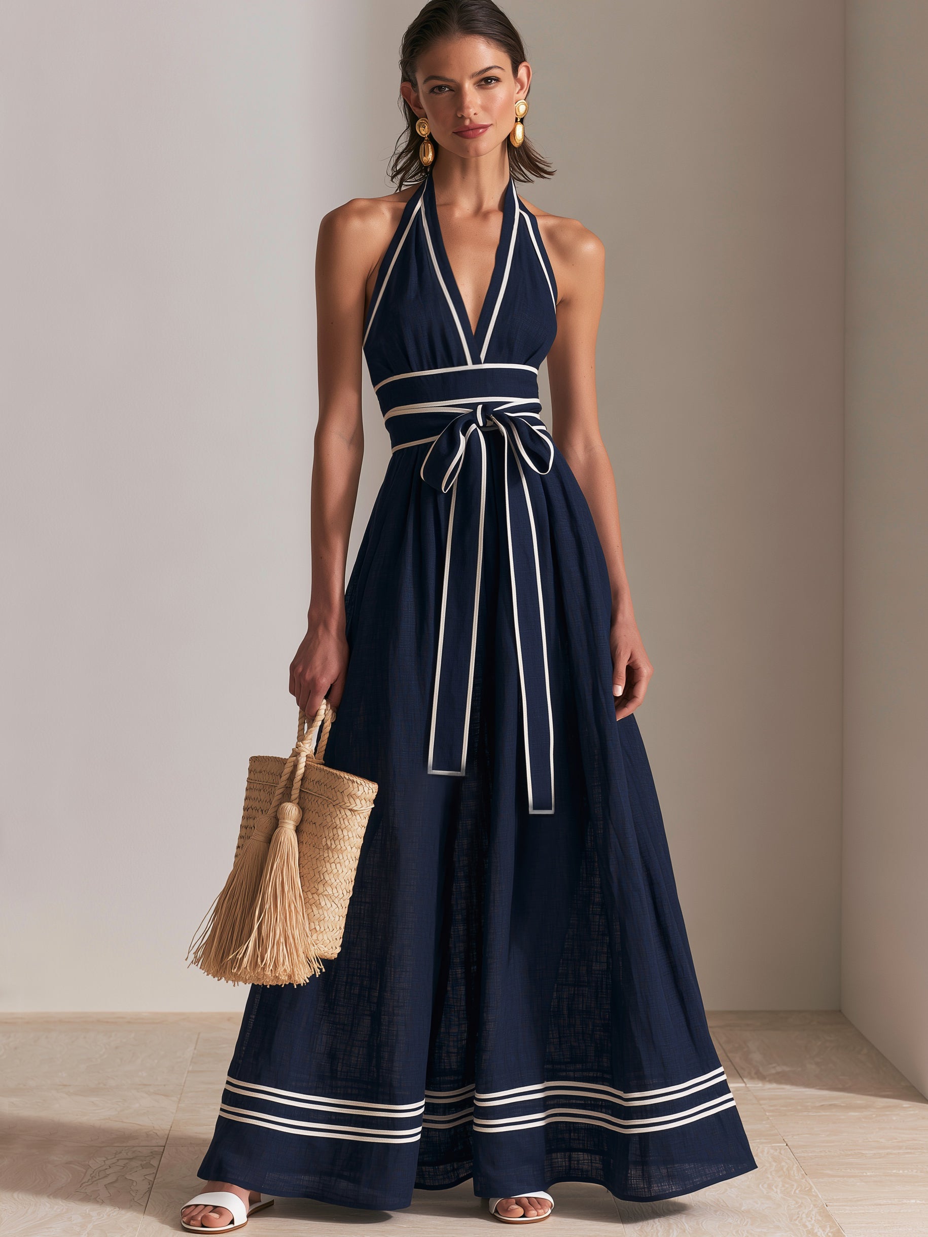 Elegant Linen Halter Neck Maxi Dress With Contrast Piping
