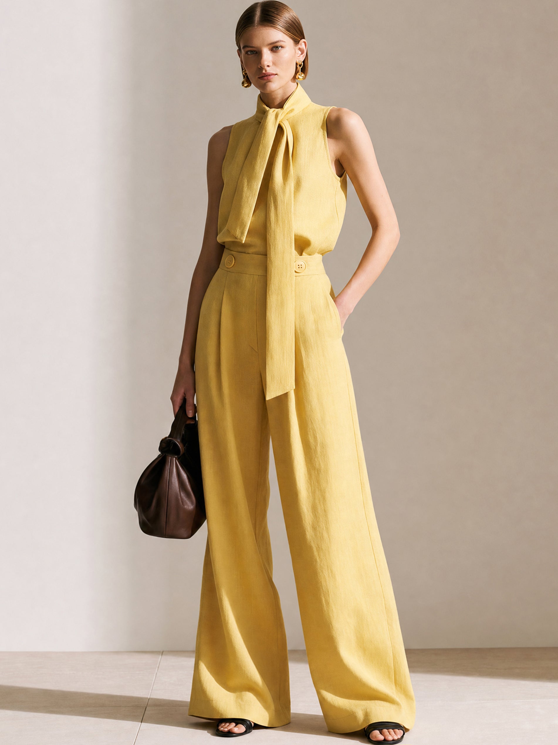 Elegant Linen Suit :Scarf Tie Neck Sleeveless Blouse & Wide Leg Pants