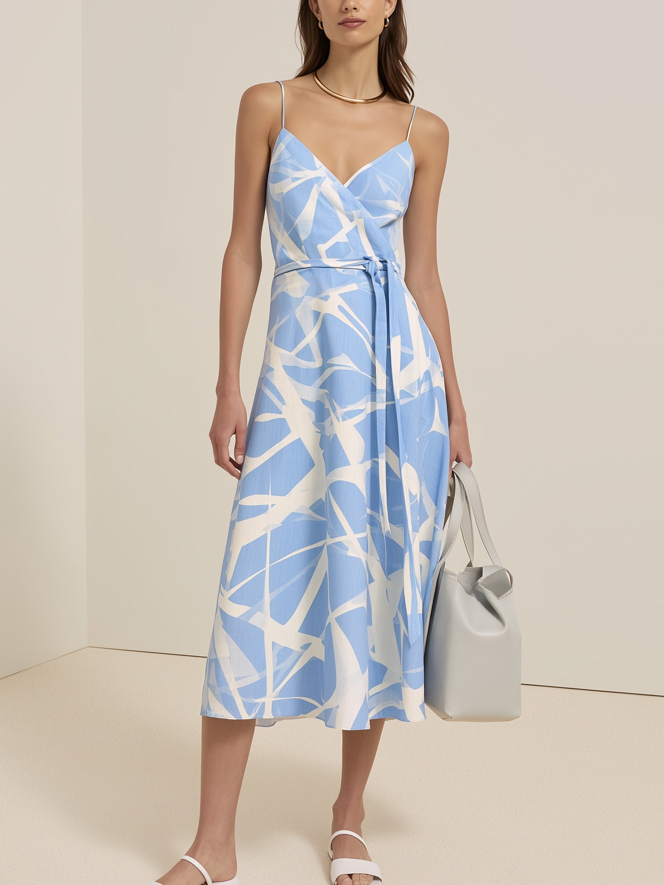 French Relaxed Sky Blue Abstract Print Wrap Cami Midi Dress