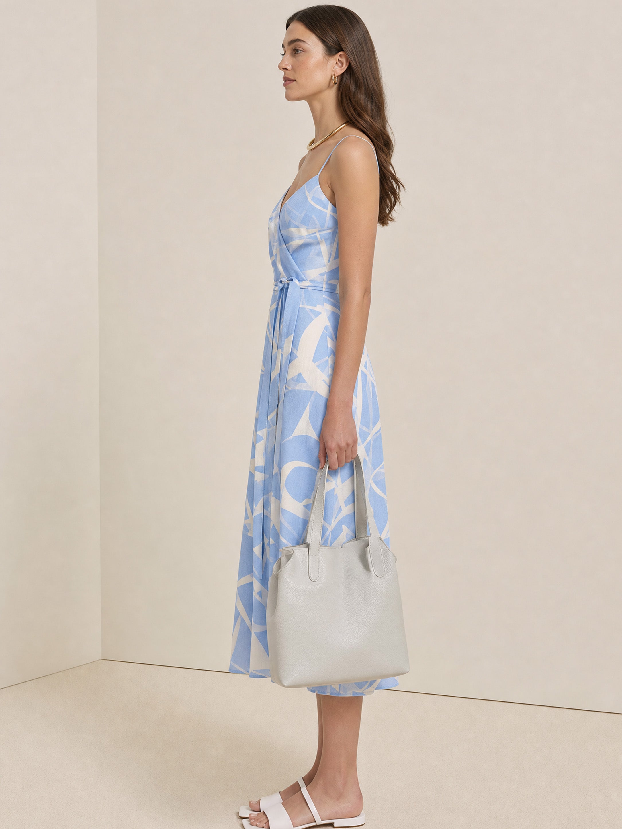 French Relaxed Sky Blue Abstract Print Wrap Cami Midi Dress