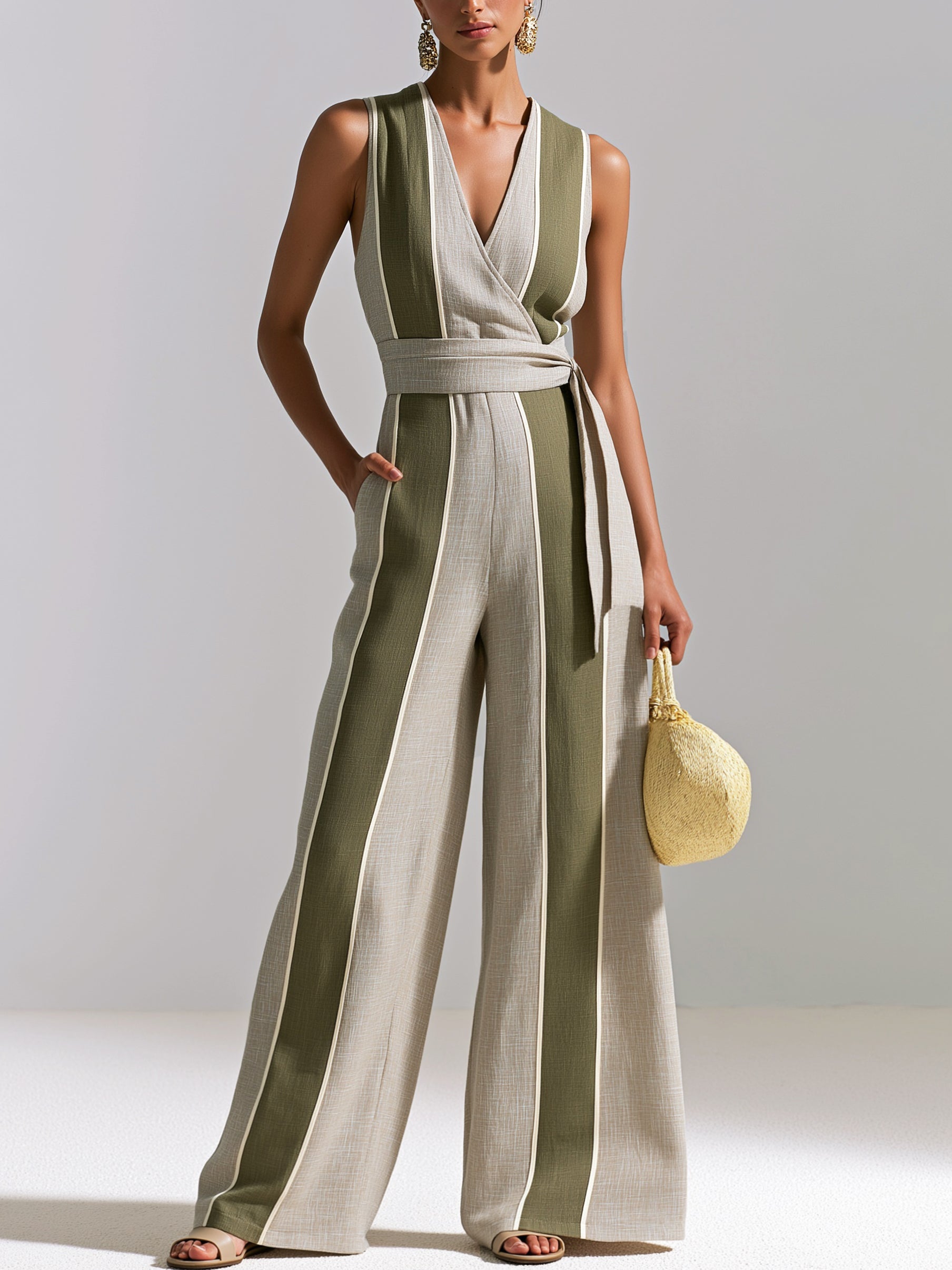 Elegant Linen V NeckJumpsuit With Contrast Stripe Paneling
