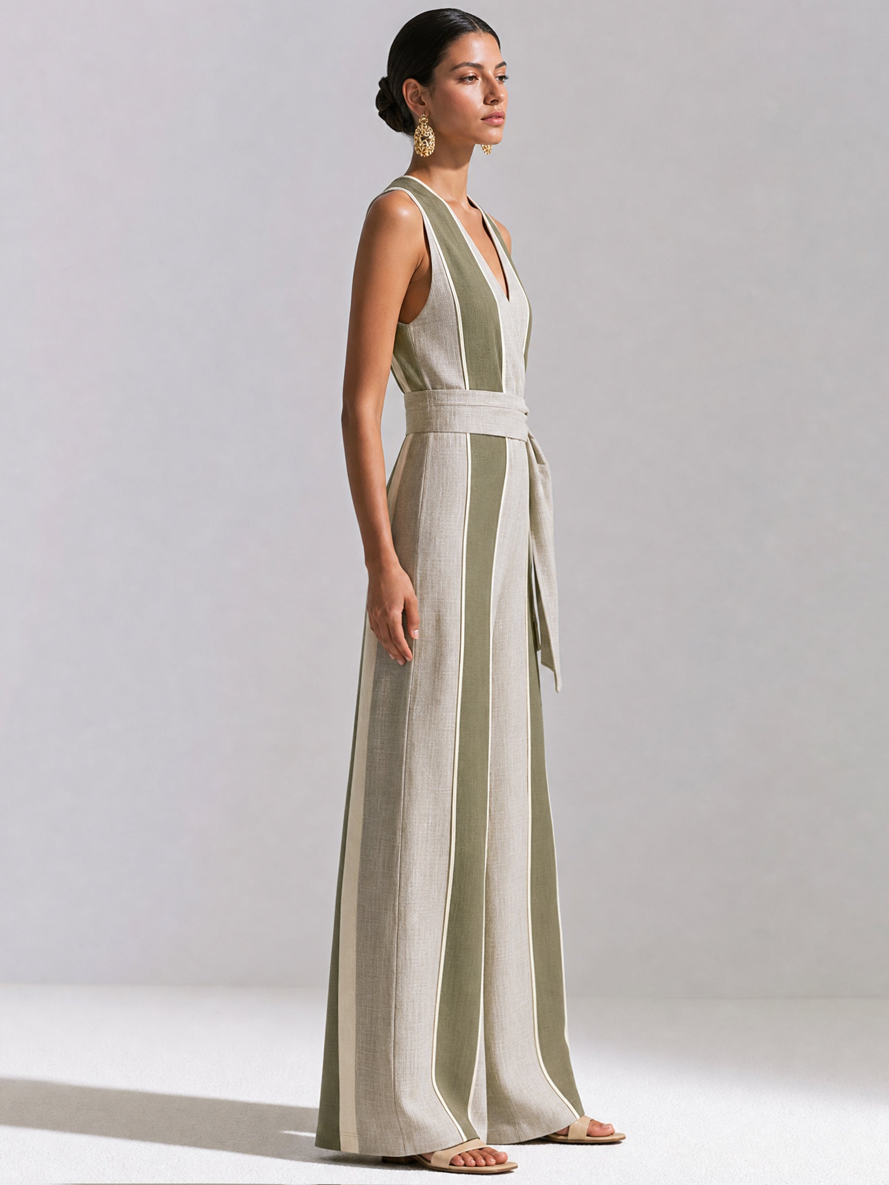 Elegant Linen V NeckJumpsuit With Contrast Stripe Paneling