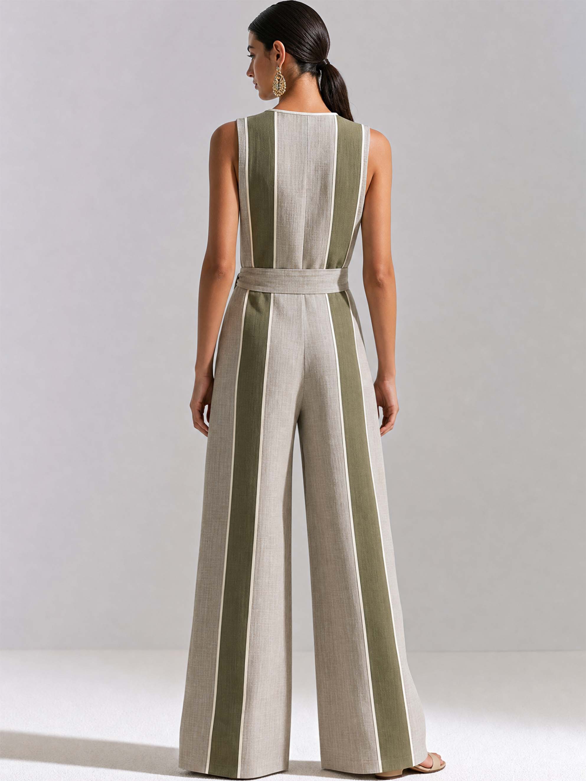 Elegant Linen V NeckJumpsuit With Contrast Stripe Paneling