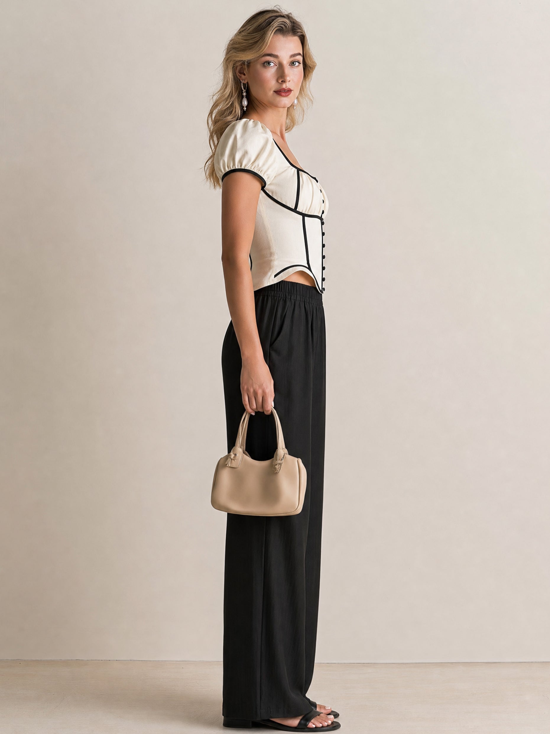 Elegant Matching Suit :Contrast Trim Top & High Rise Wide Leg Pants