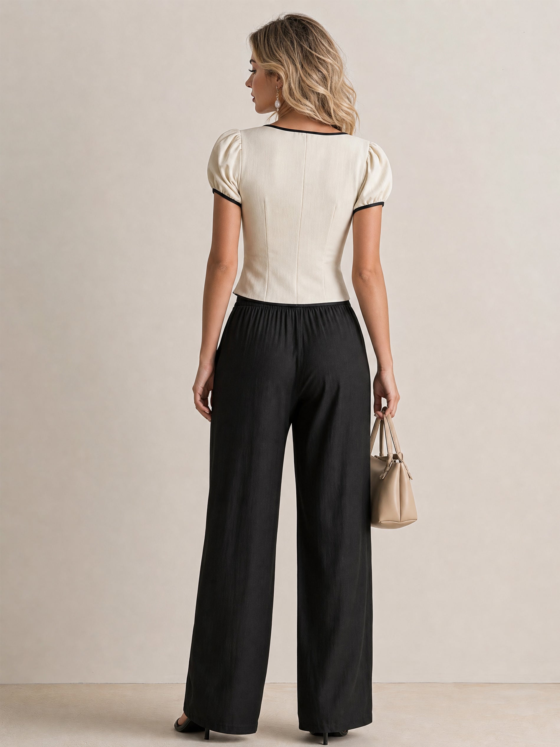 Elegant Matching Suit :Contrast Trim Top & High Rise Wide Leg Pants
