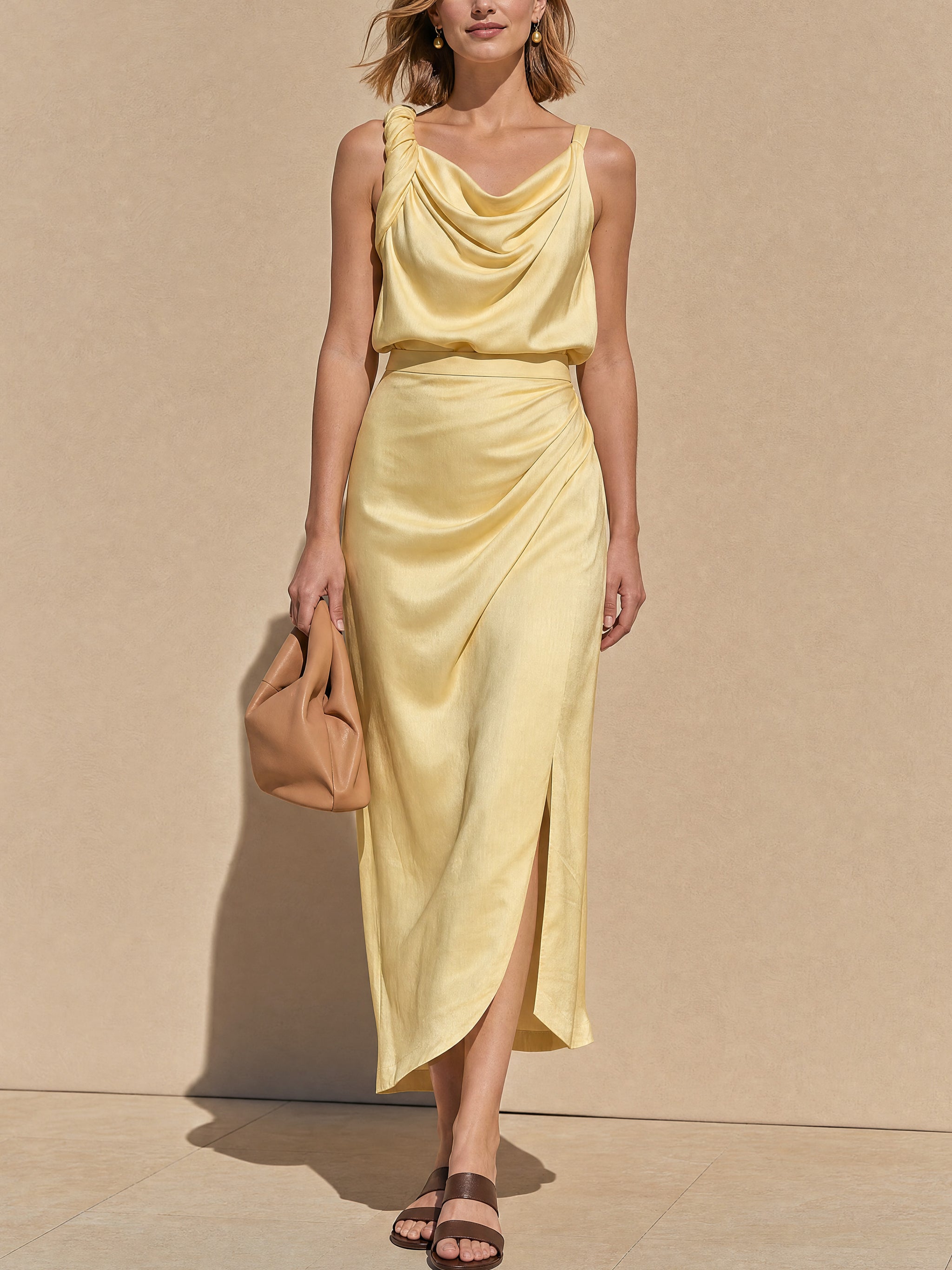 Vacation Style Butter Yellow Cowl Neck Twist Strap Satin Slit Dress