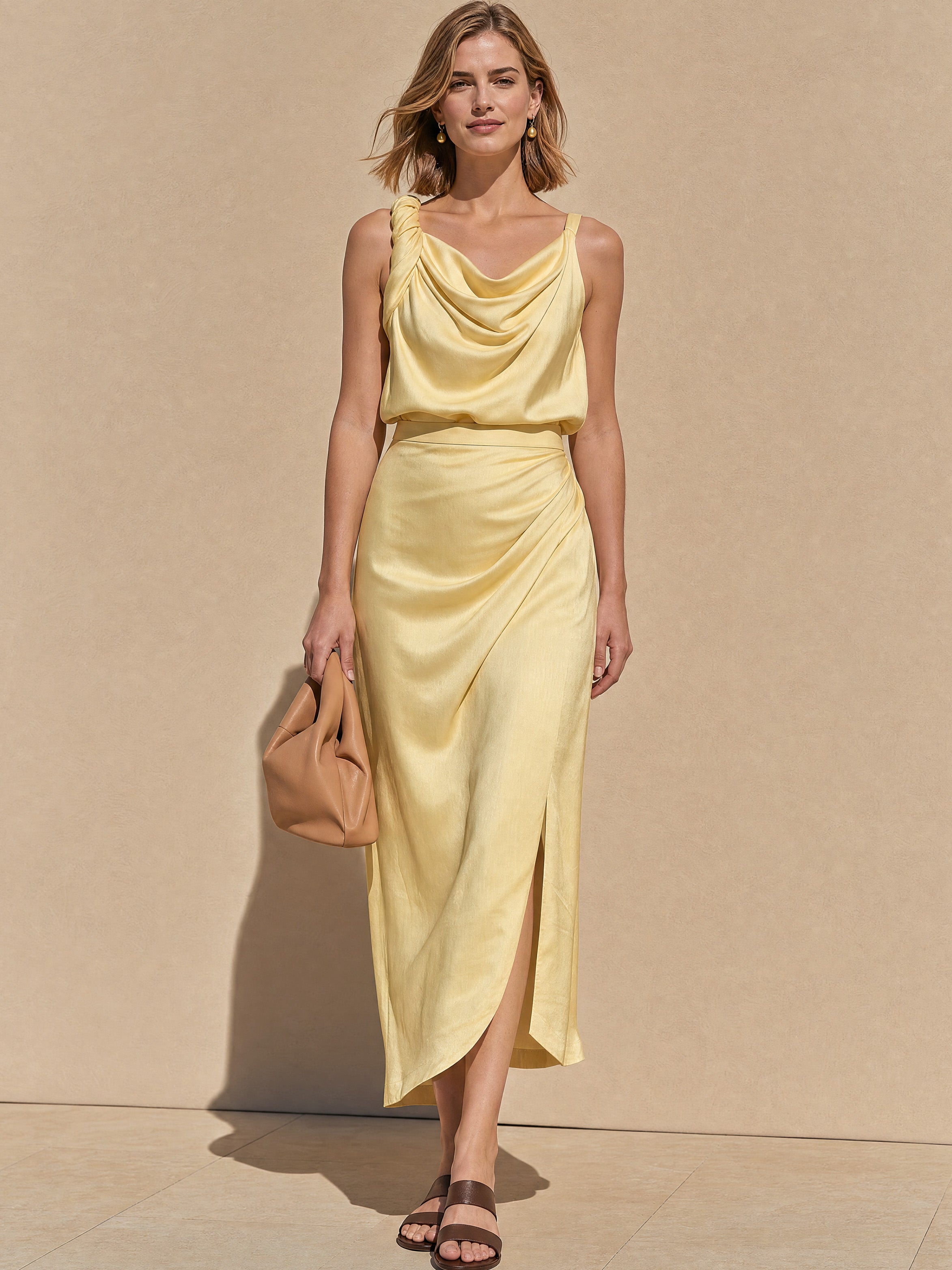 Vacation Style Butter Yellow Cowl Neck Twist Strap Satin Slit Dress