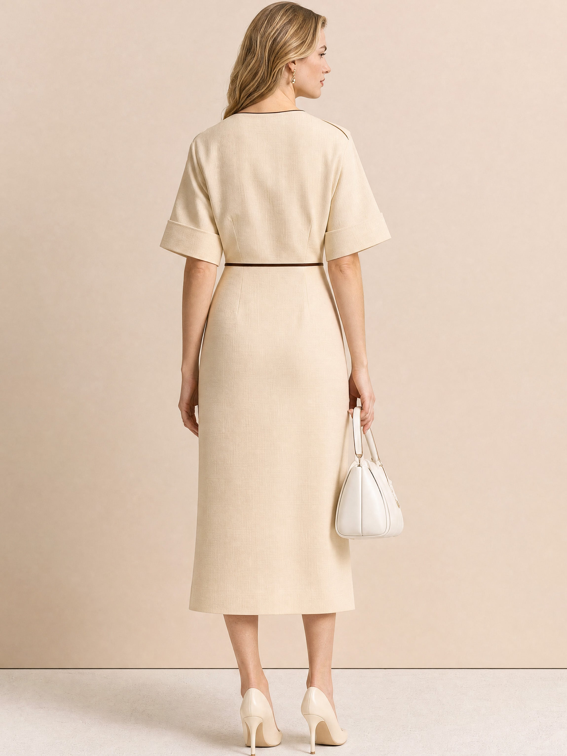 Elegant Sophisticated Light Apricot Trimmed Twist Front Slit Dress