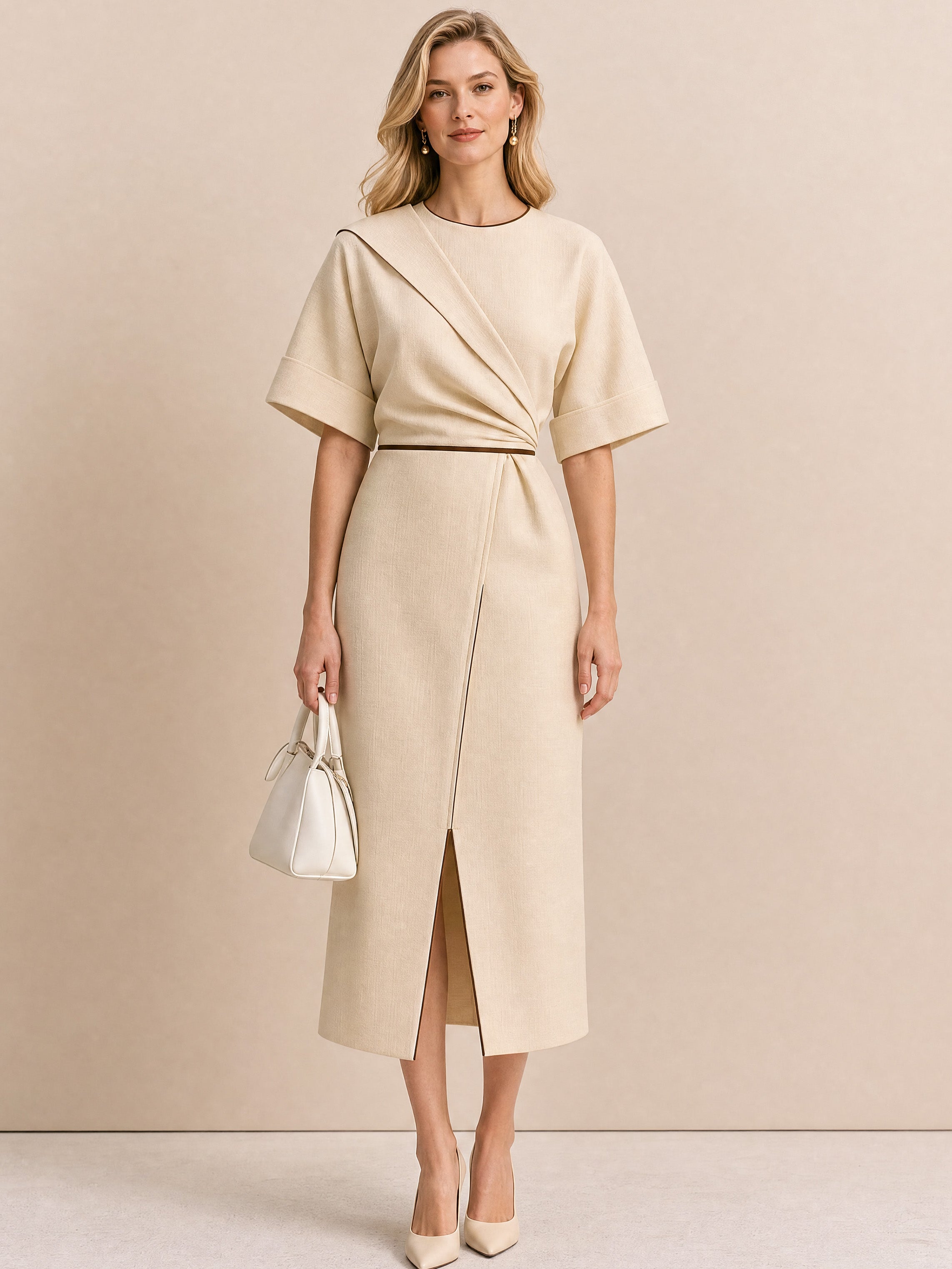 Elegant Sophisticated Light Apricot Trimmed Twist Front Slit Dress