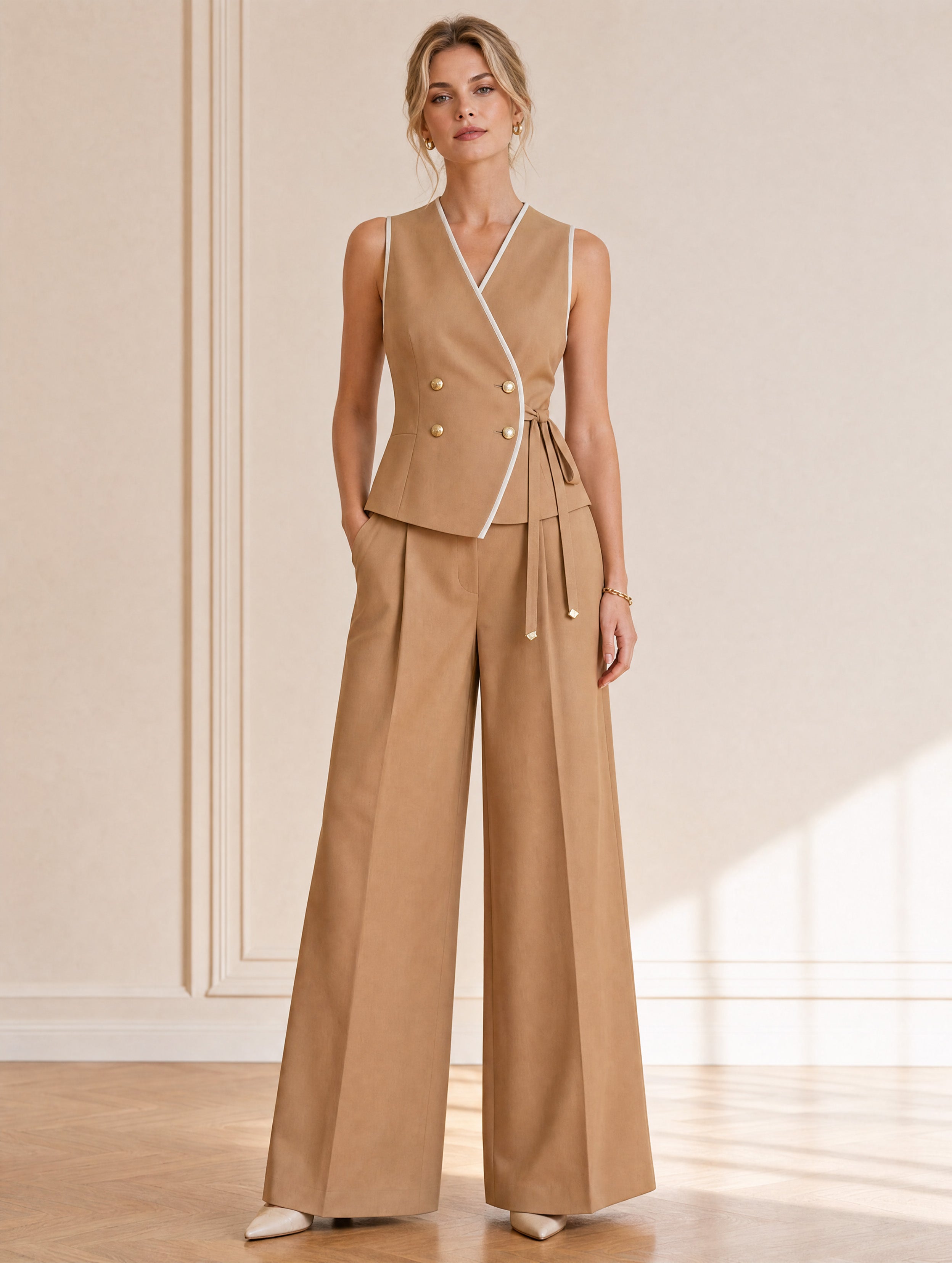 French Commute Khaki Trimmed Tie-Waist Sleeveless Blazer Trouser Set