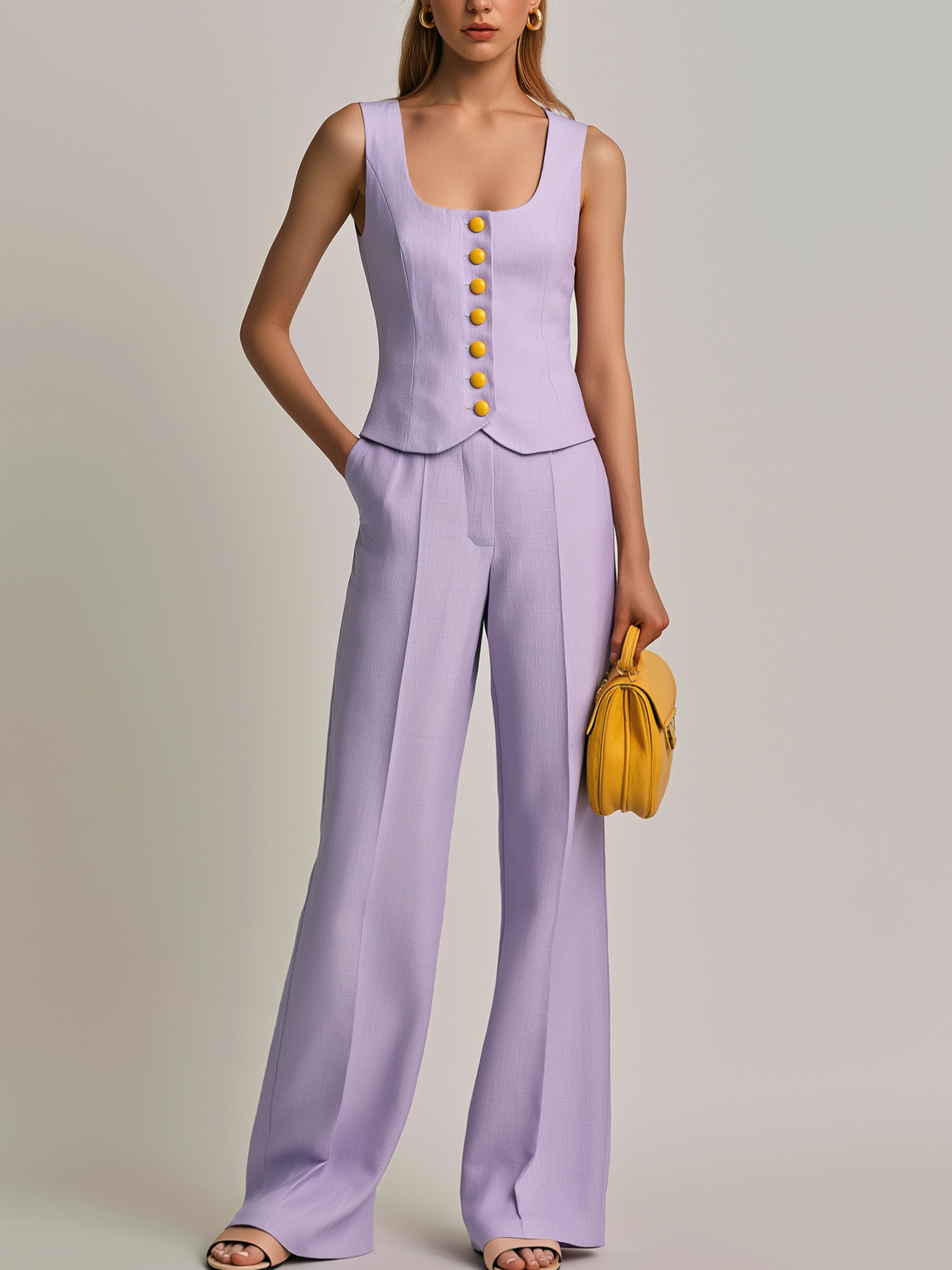 Tailored Suiting Set : Sleeveless Square Neck Waistcoat & Wide Leg Pants