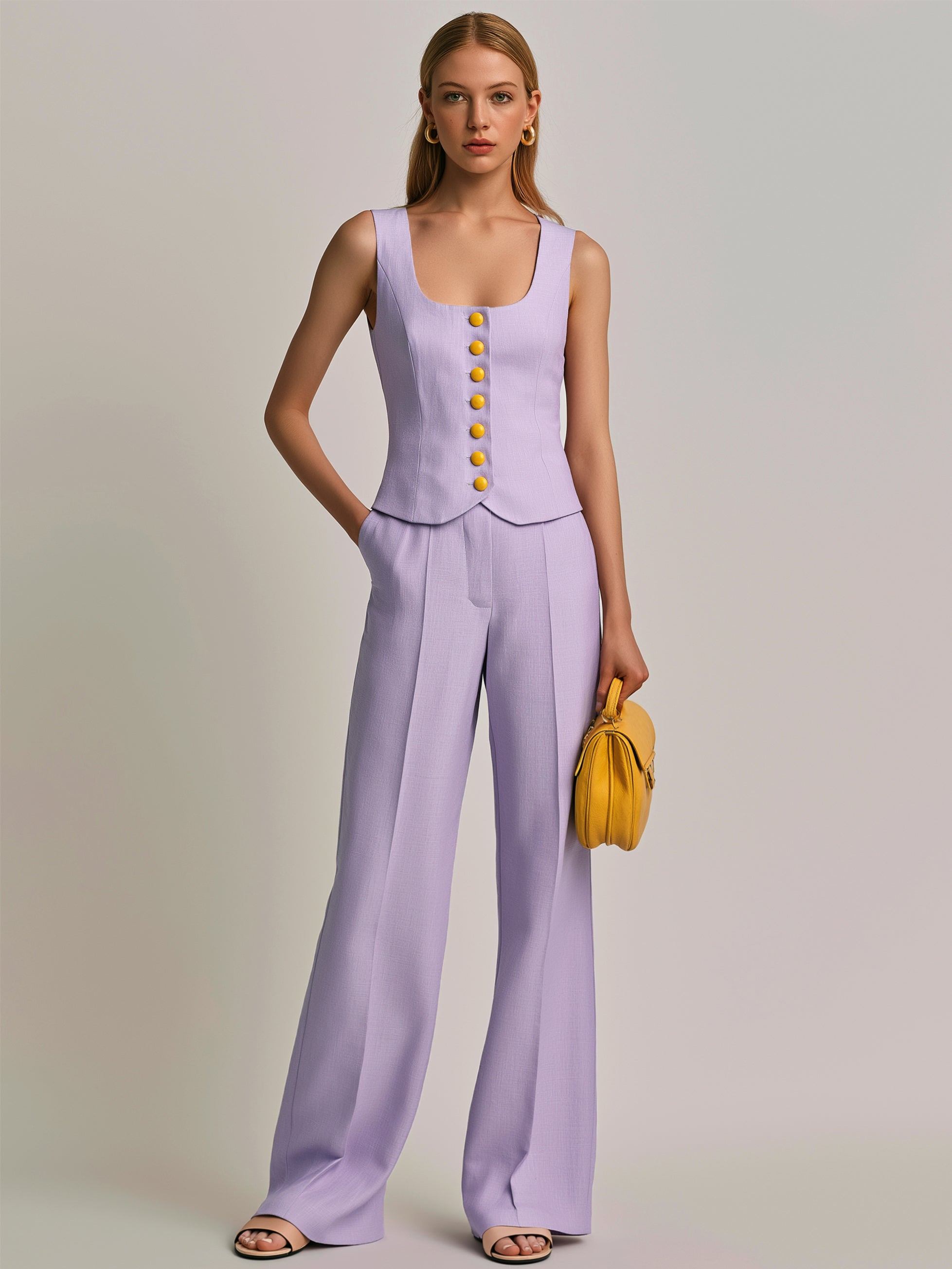 Tailored Suiting Set : Sleeveless Square Neck Waistcoat & Wide Leg Pants