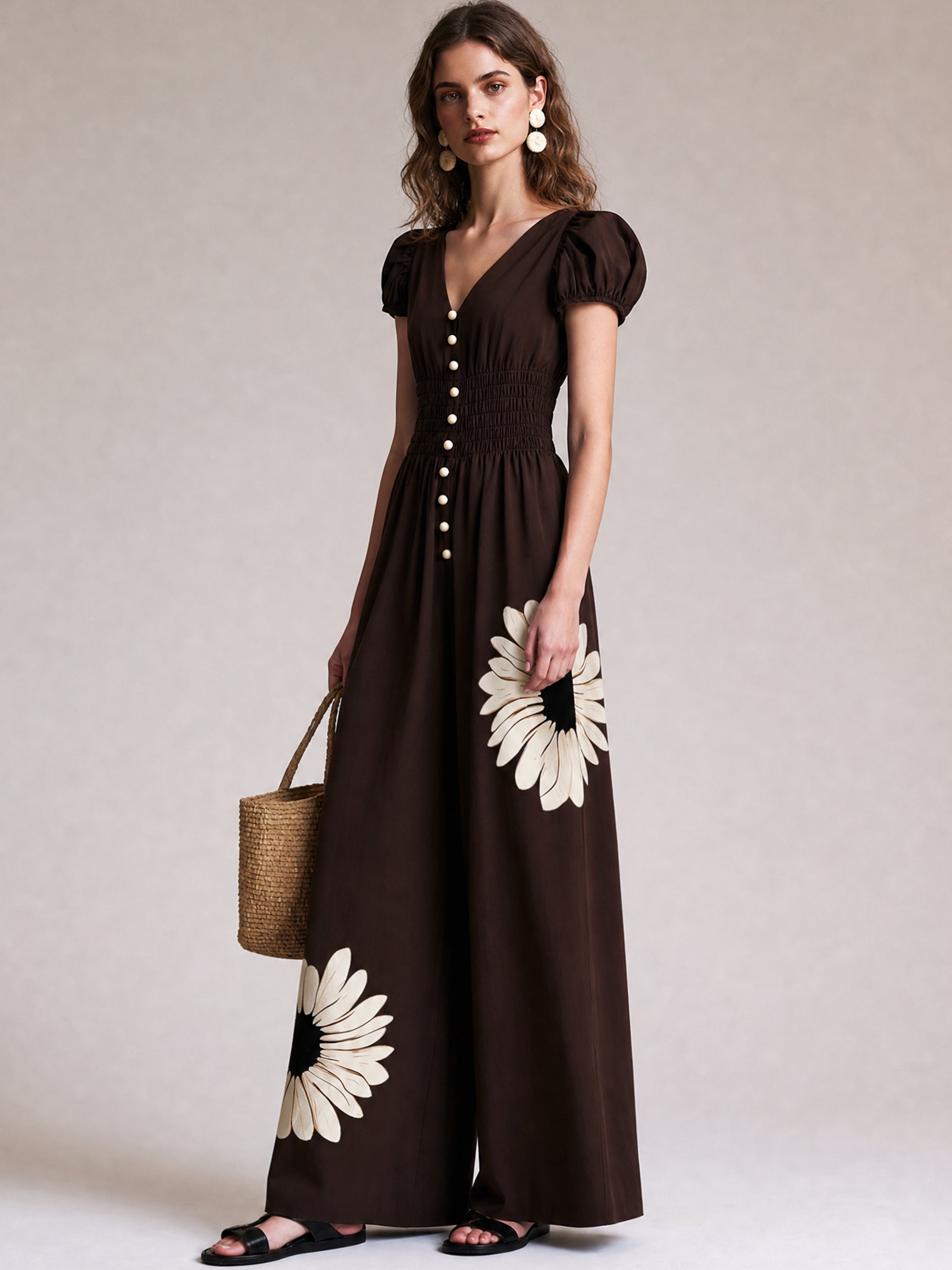 Floral Cotton V Neck Jumpsuit With Short Sleeves &Wide Leg Trousers