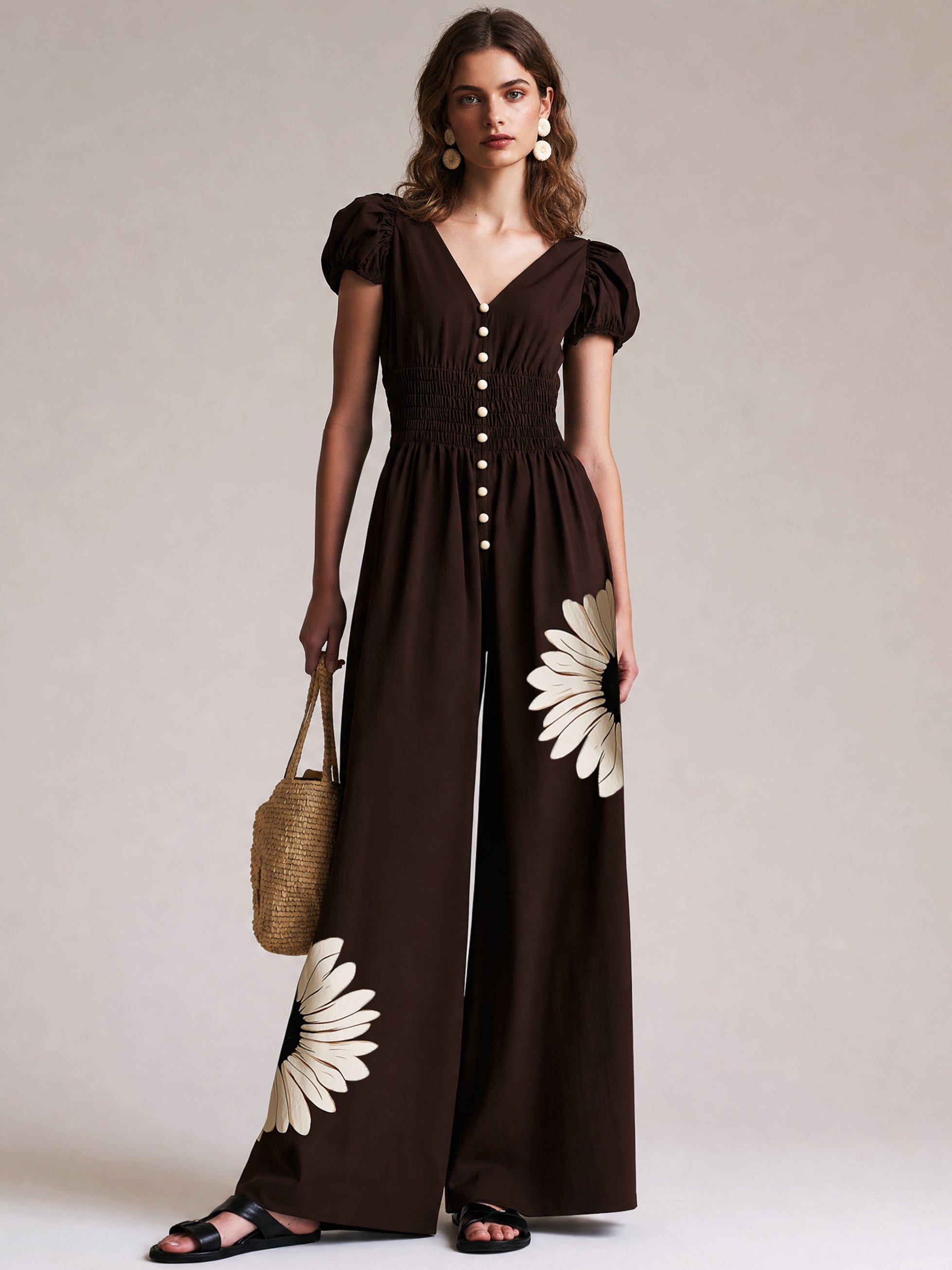Floral Cotton V Neck Jumpsuit With Short Sleeves &Wide Leg Trousers