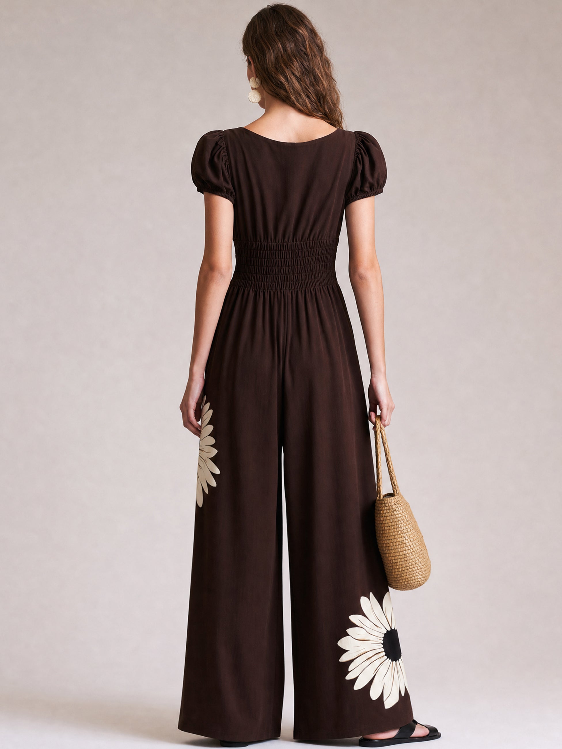 Floral Cotton V Neck Jumpsuit With Short Sleeves &Wide Leg Trousers