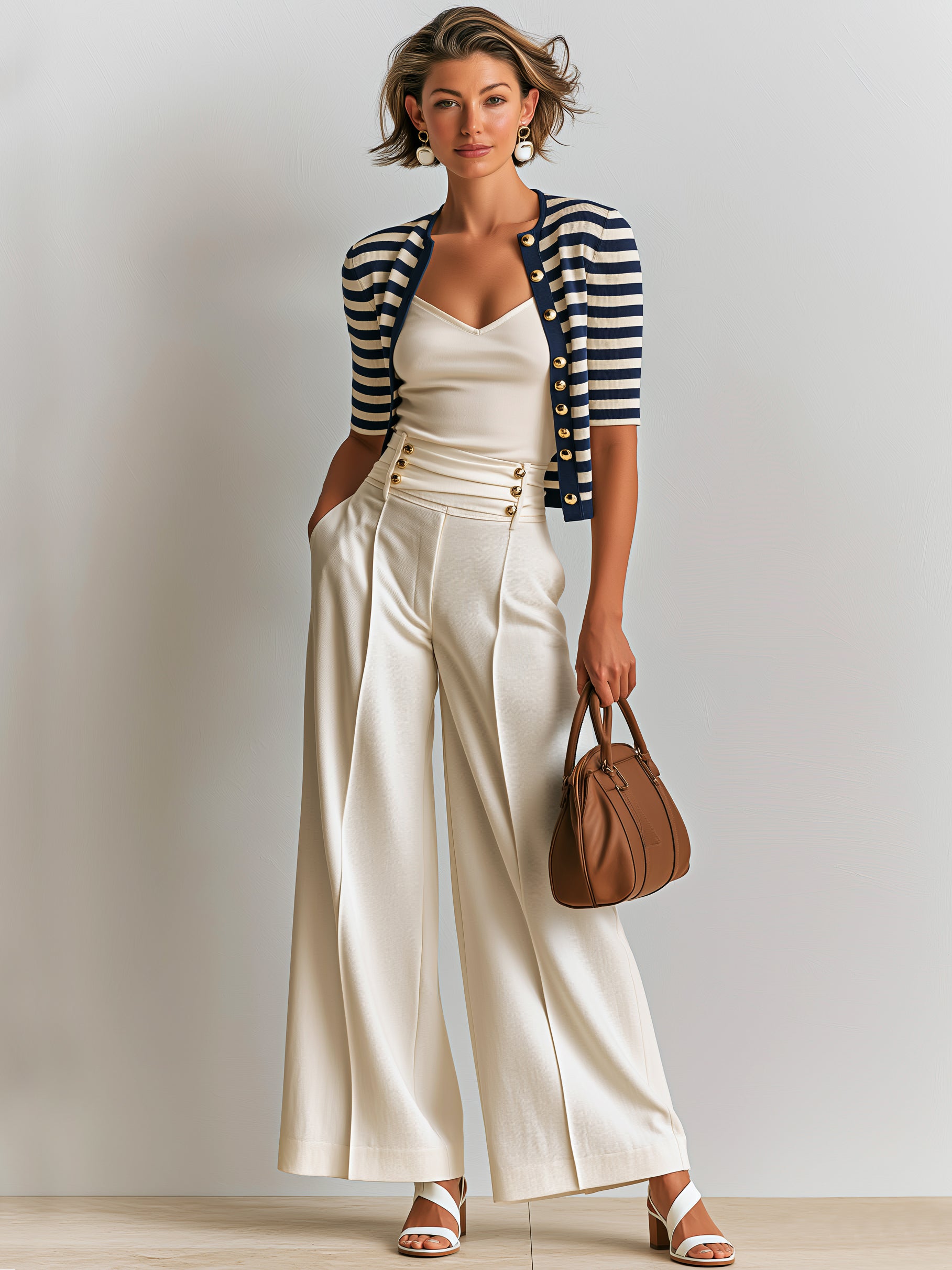 Elegant Knit Cardigan With Classic Breton Stripe & Elbow-Length Sleeves