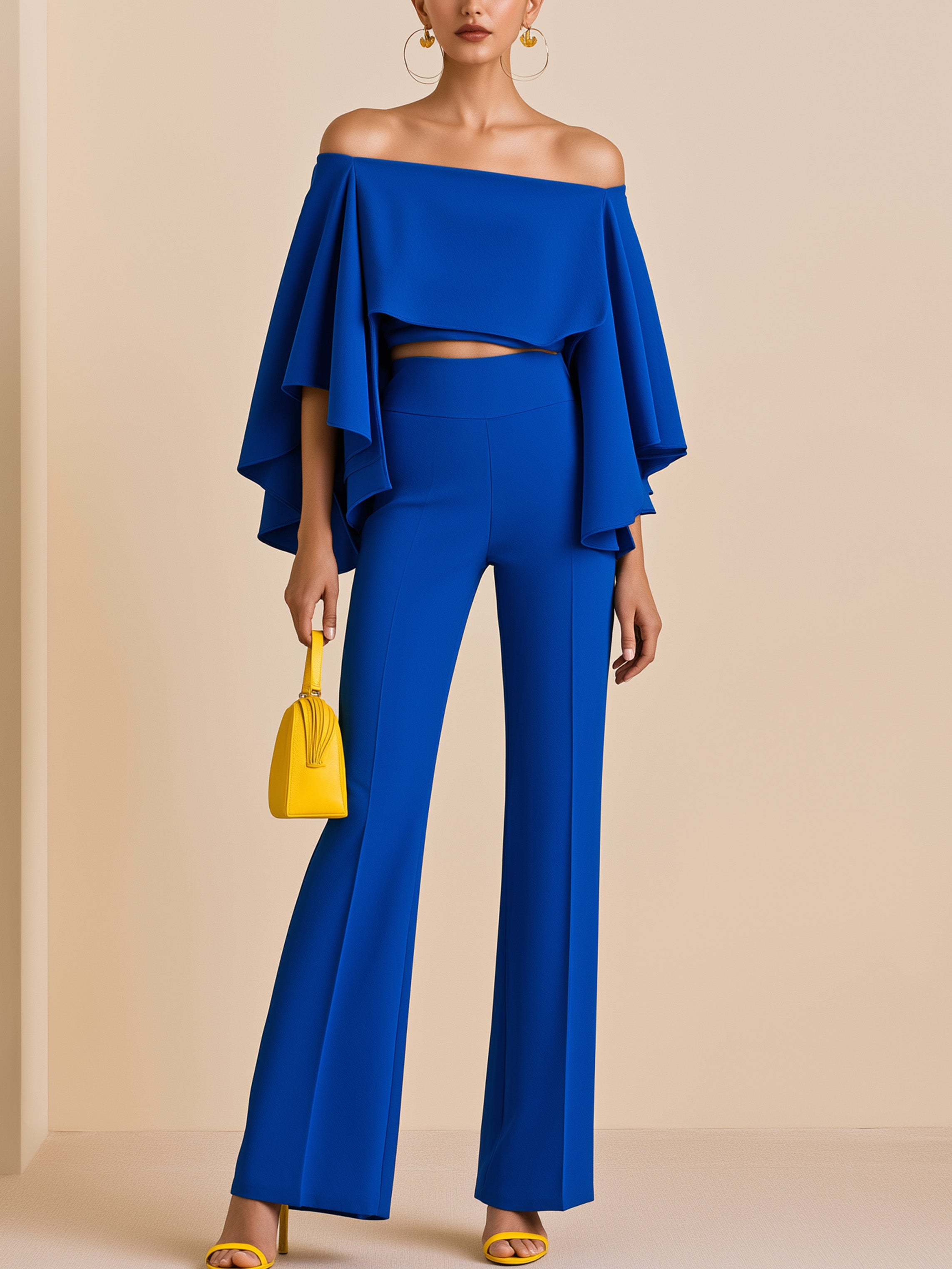 Elegant Royal Blue Cold Shoulder Ruffle Crop Flared Two-Piece Co-ord