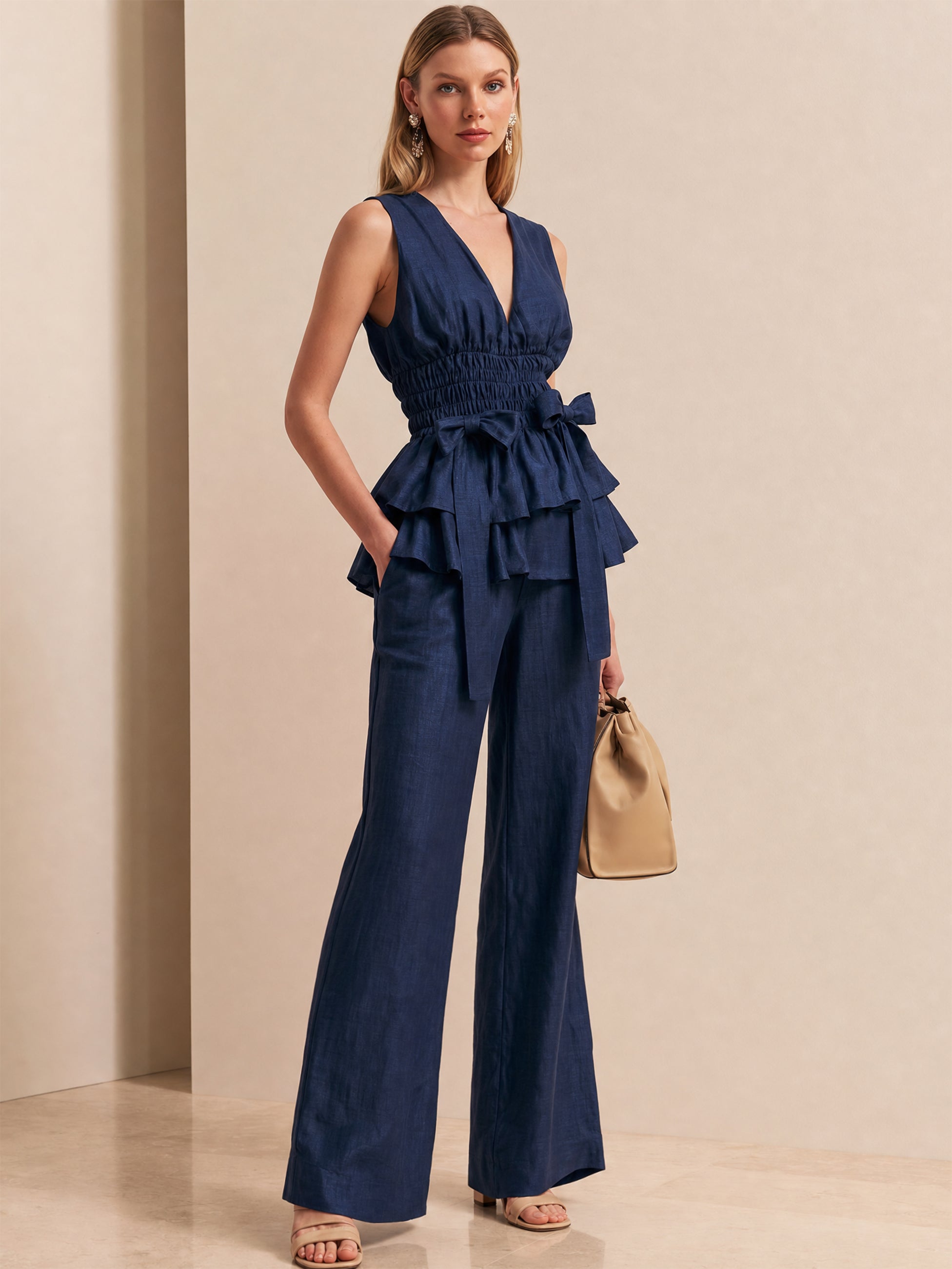 Elegant Linen Set :V Sleeveless Peplum Bodice & Wide Leg Pants