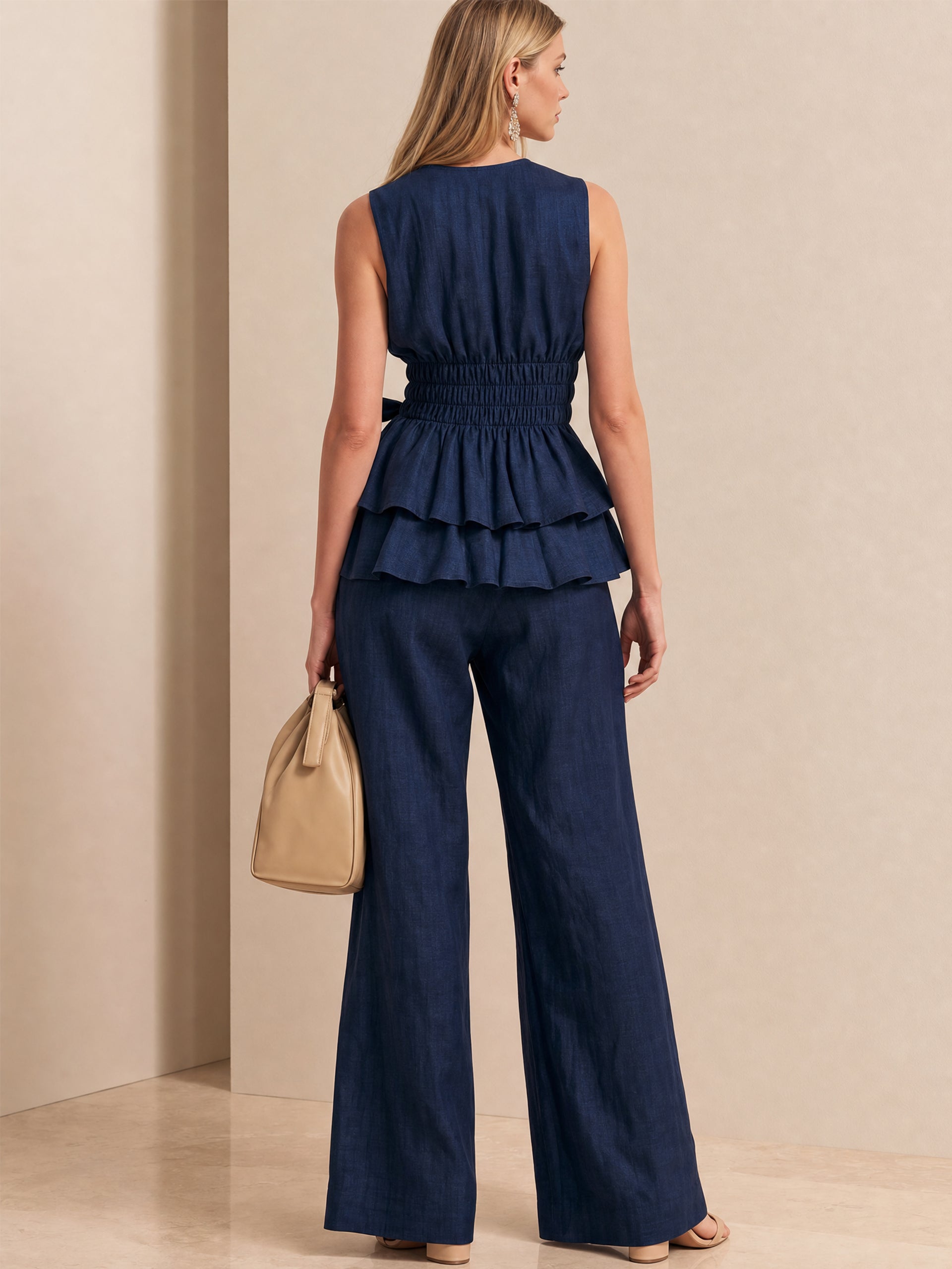 Elegant Linen Set :V Sleeveless Peplum Bodice & Wide Leg Pants