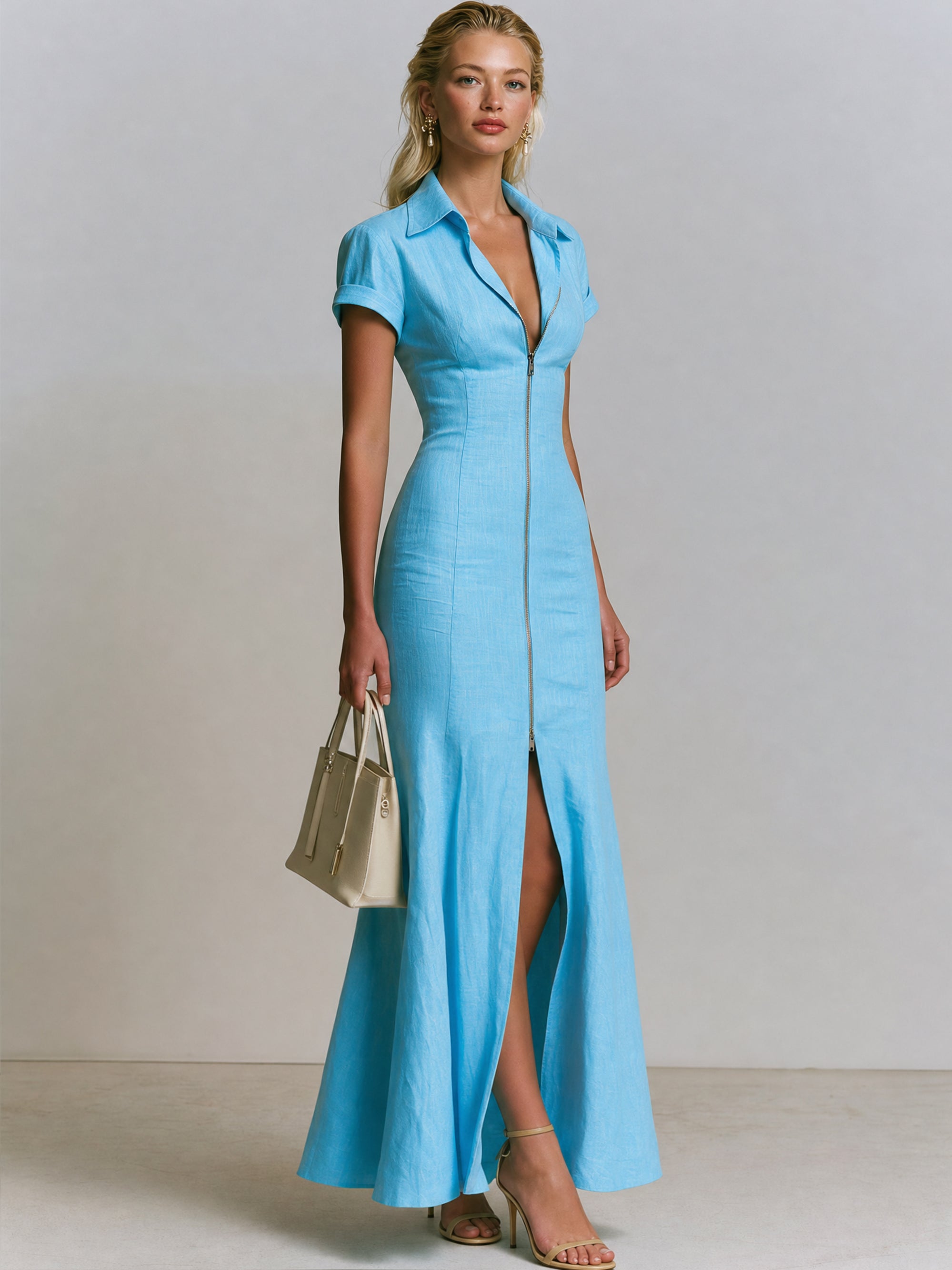 Elegant Linen Shirt Dress With Front Zip & Front Slit