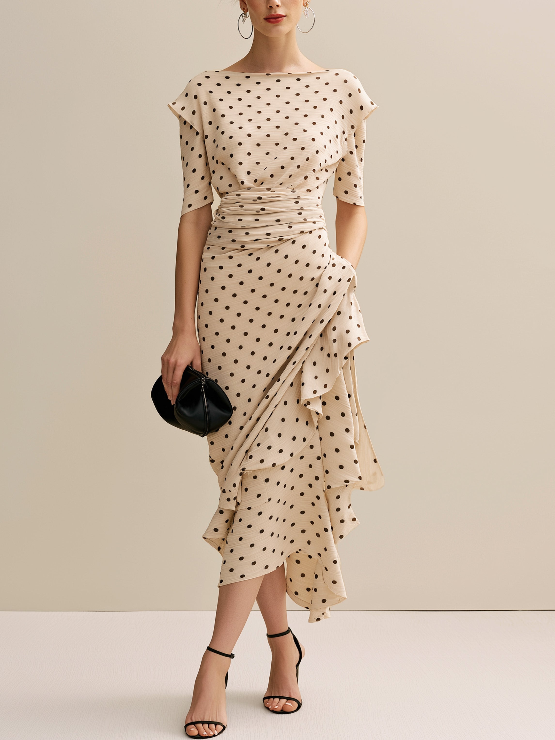 Elegant Light Apricot Polka Dot Ruched Draped Midi Dress