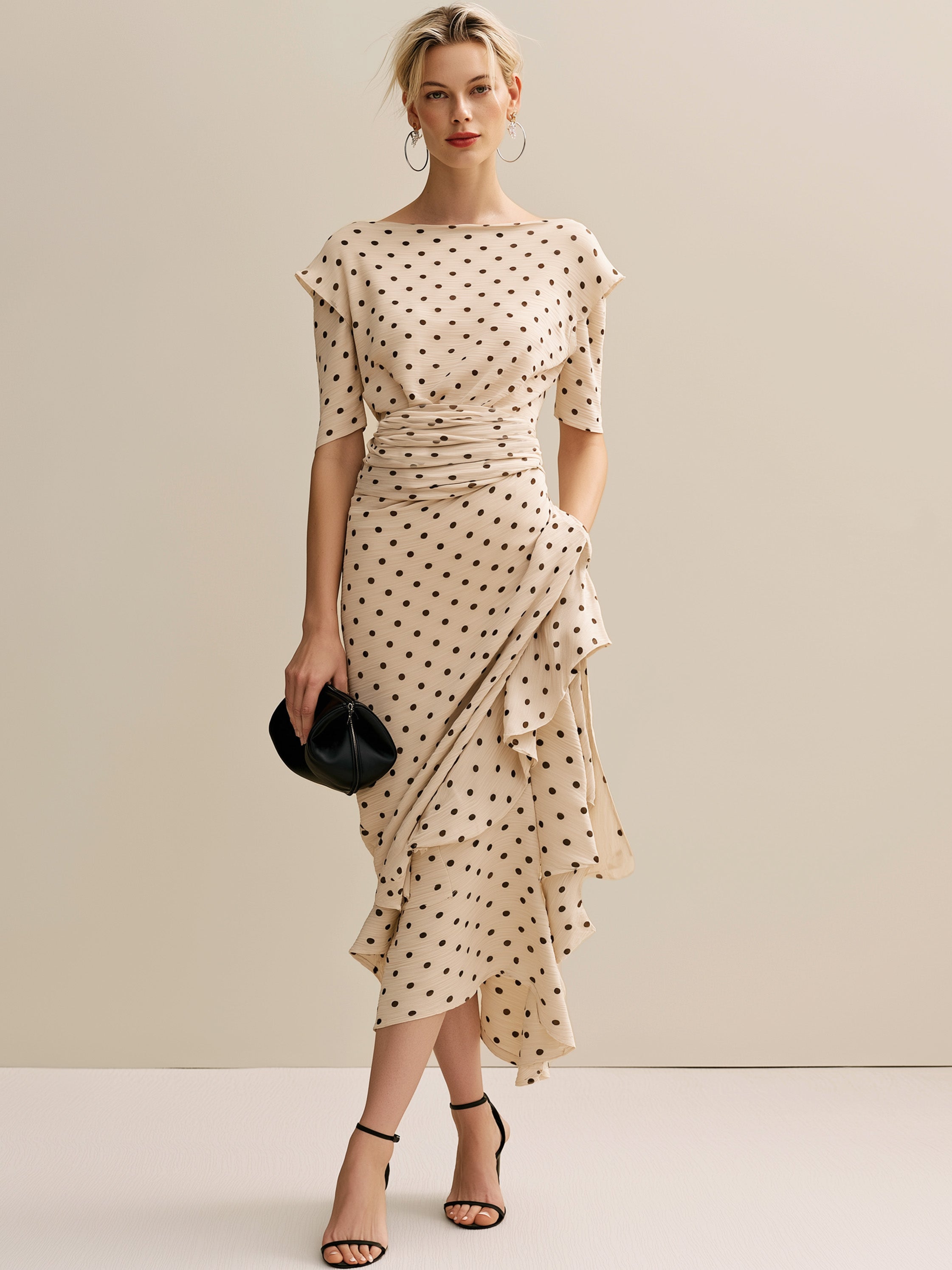 Elegant Light Apricot Polka Dot Ruched Draped Midi Dress