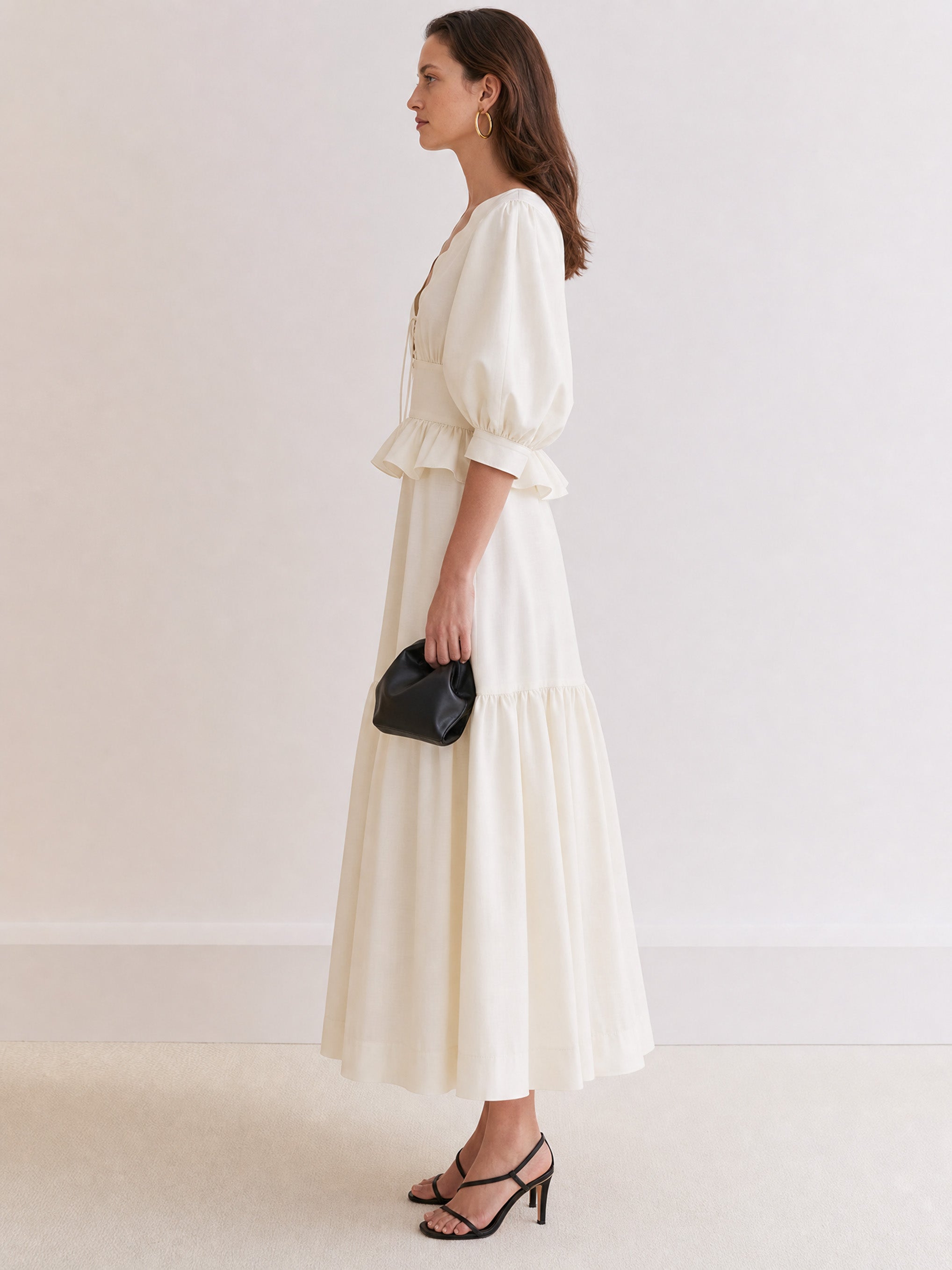 Elegant White Scalloped Lace-Up Puff Sleeve Tiered Maxi Two-Piece Set