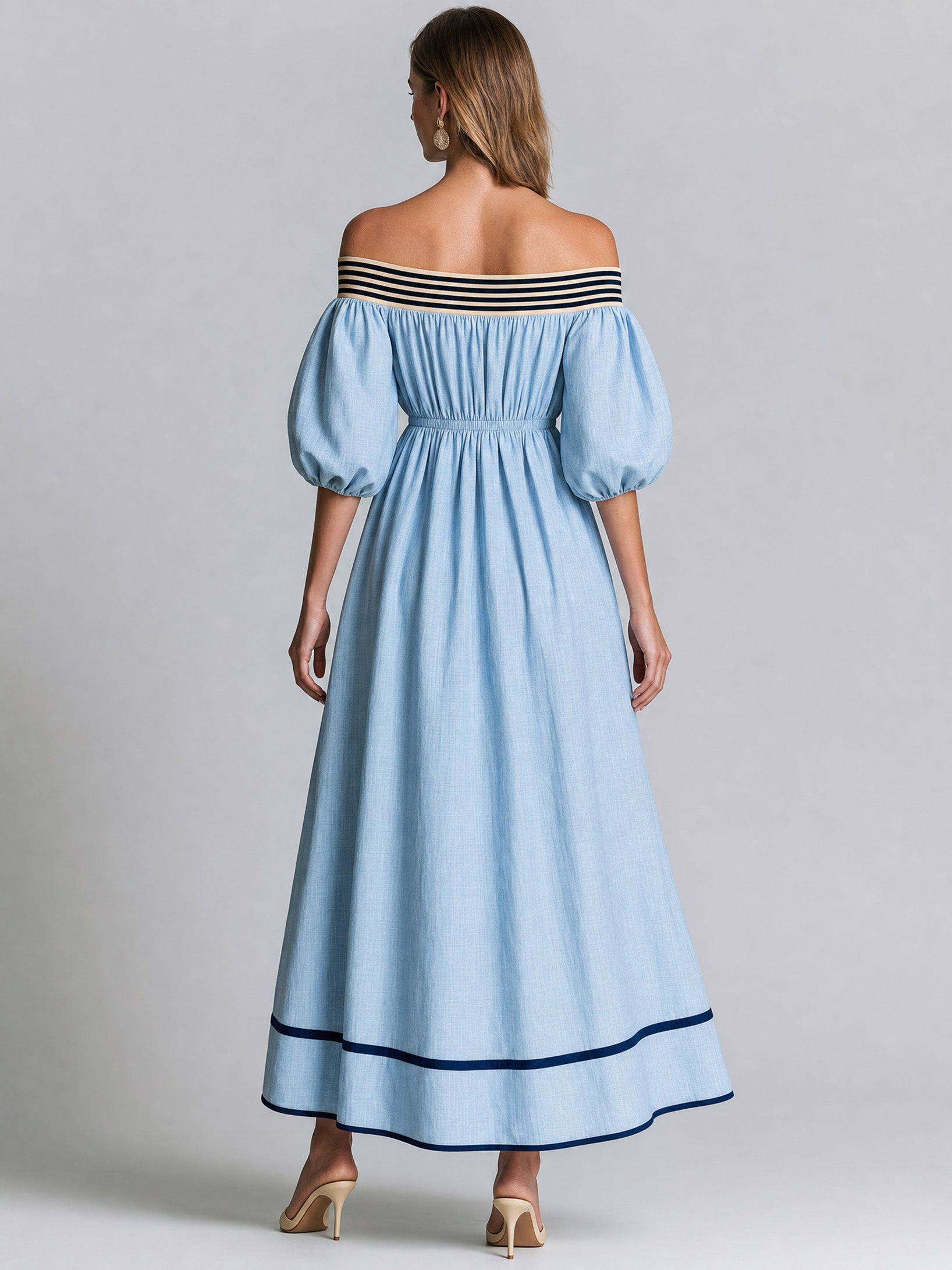 Elegant Blue Cotton-linen Maxi Dress : Strapless, Short-sleeve Design.