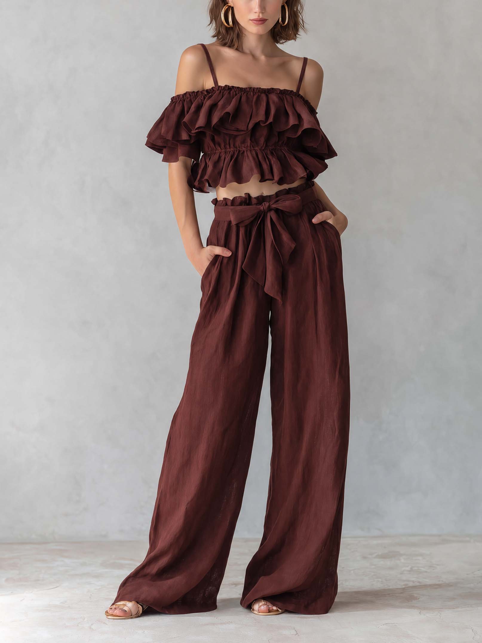 Burgundy Linen Off-the-shoulder Ruffle Set
