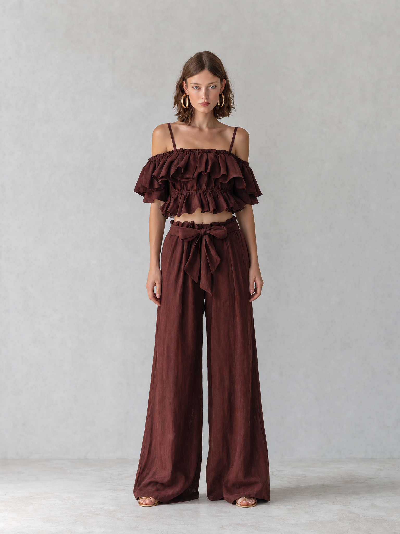 Burgundy Linen Off-the-shoulder Ruffle Set