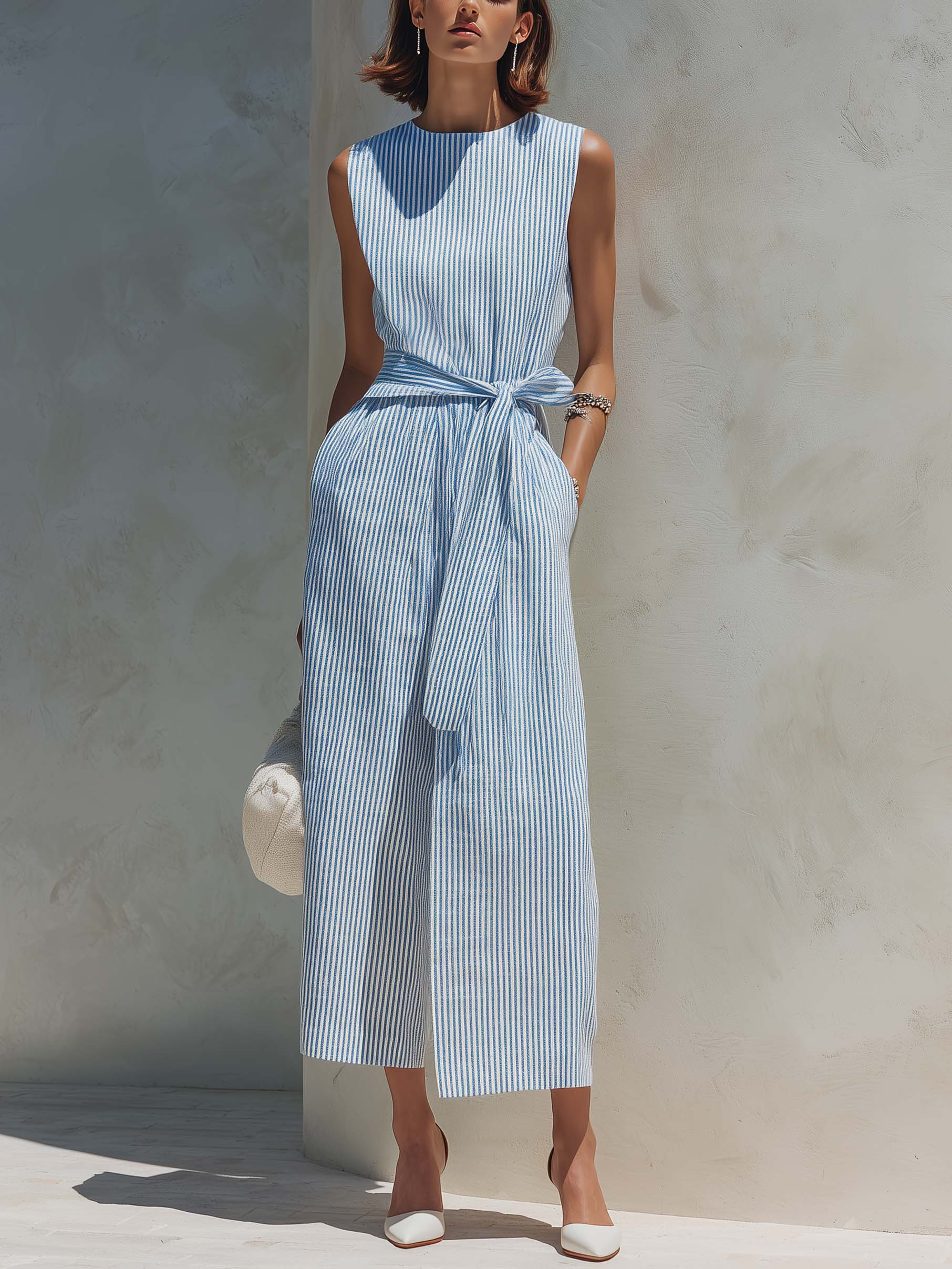 Premium Striped Straight-Cut Lace-Up Dress