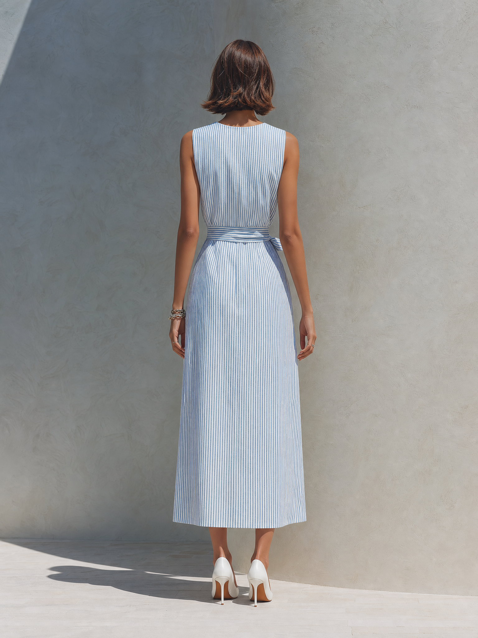 Premium Striped Straight-Cut Lace-Up Dress