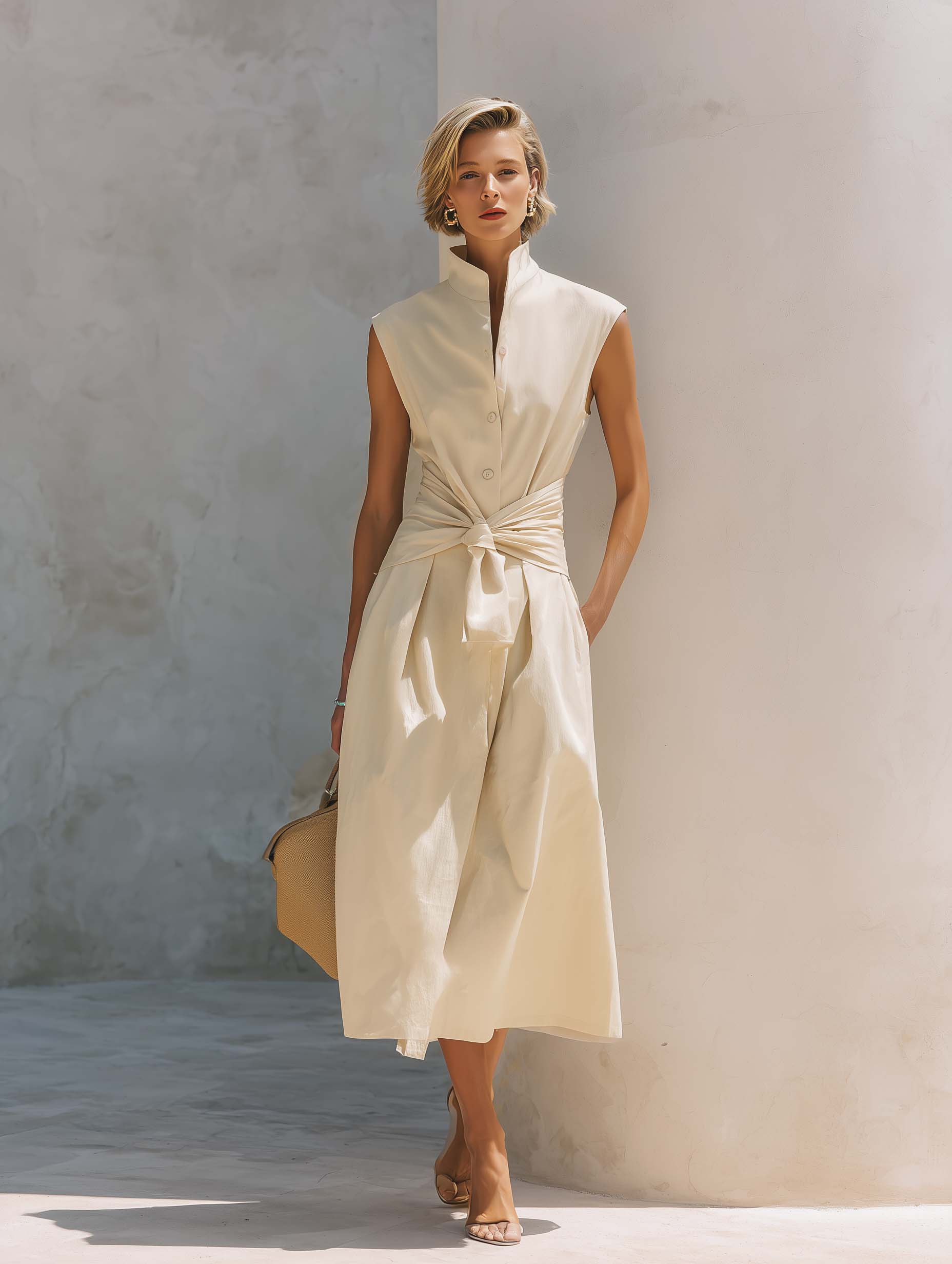 Minimalist White Straight-cut Dress With A Stand Collar